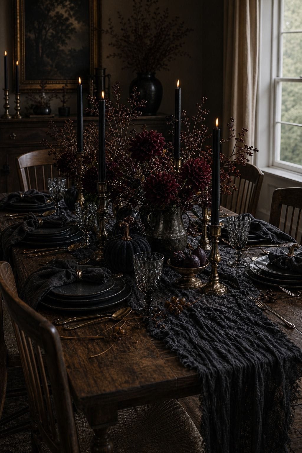 Dining table with shadowy layers for sophisticated Halloween decor