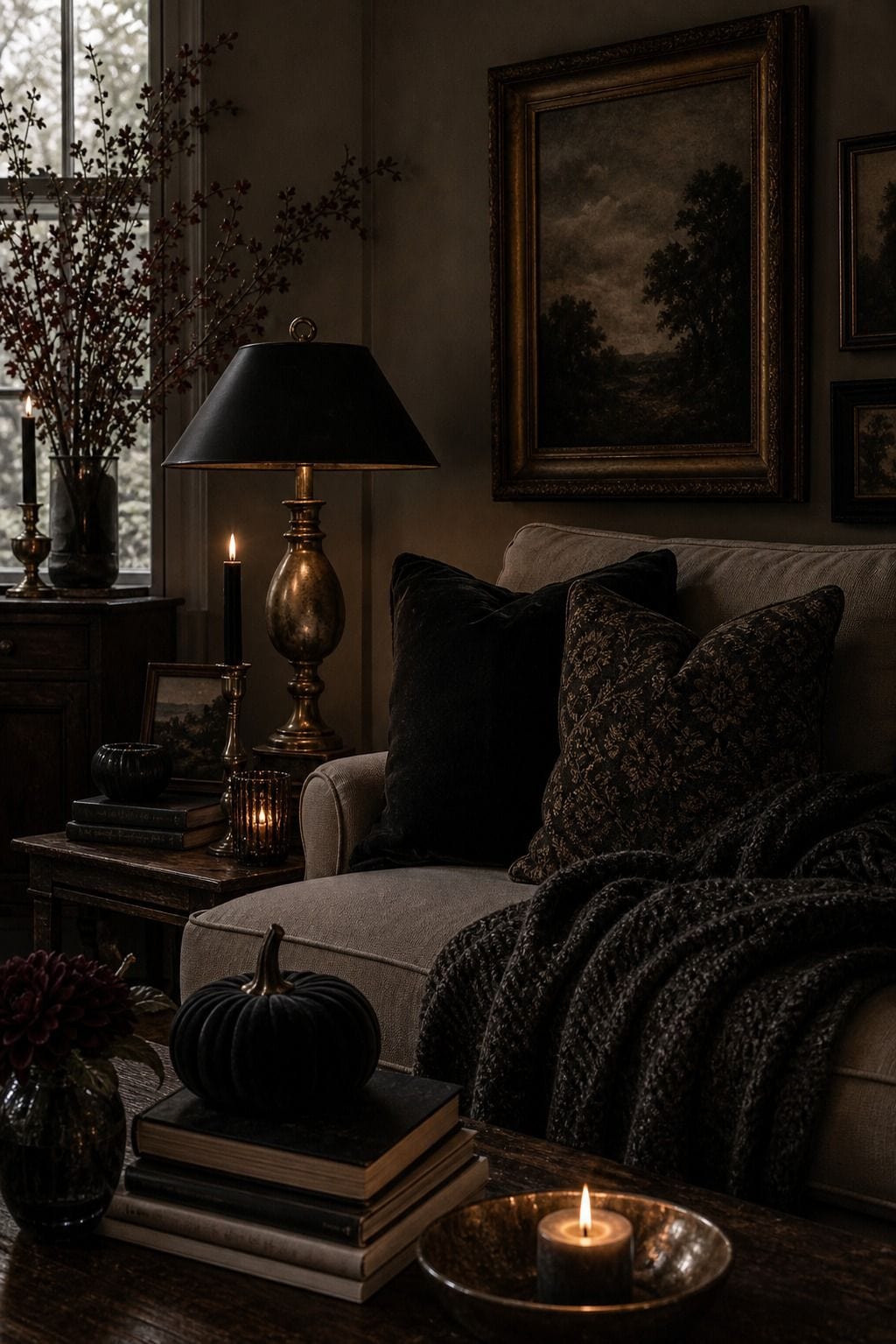 Living room with low candlelit Halloween styling