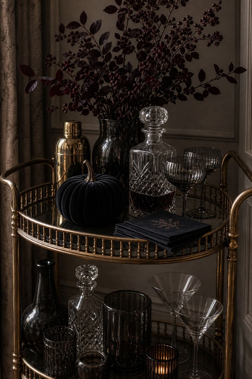 Bar cart with subtle elegant Halloween touches