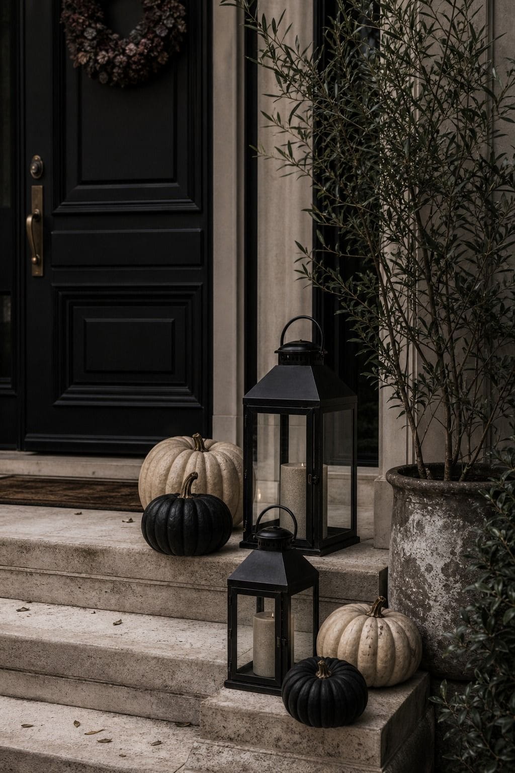 Minimal porch lanterns creating elegant Halloween curb appeal