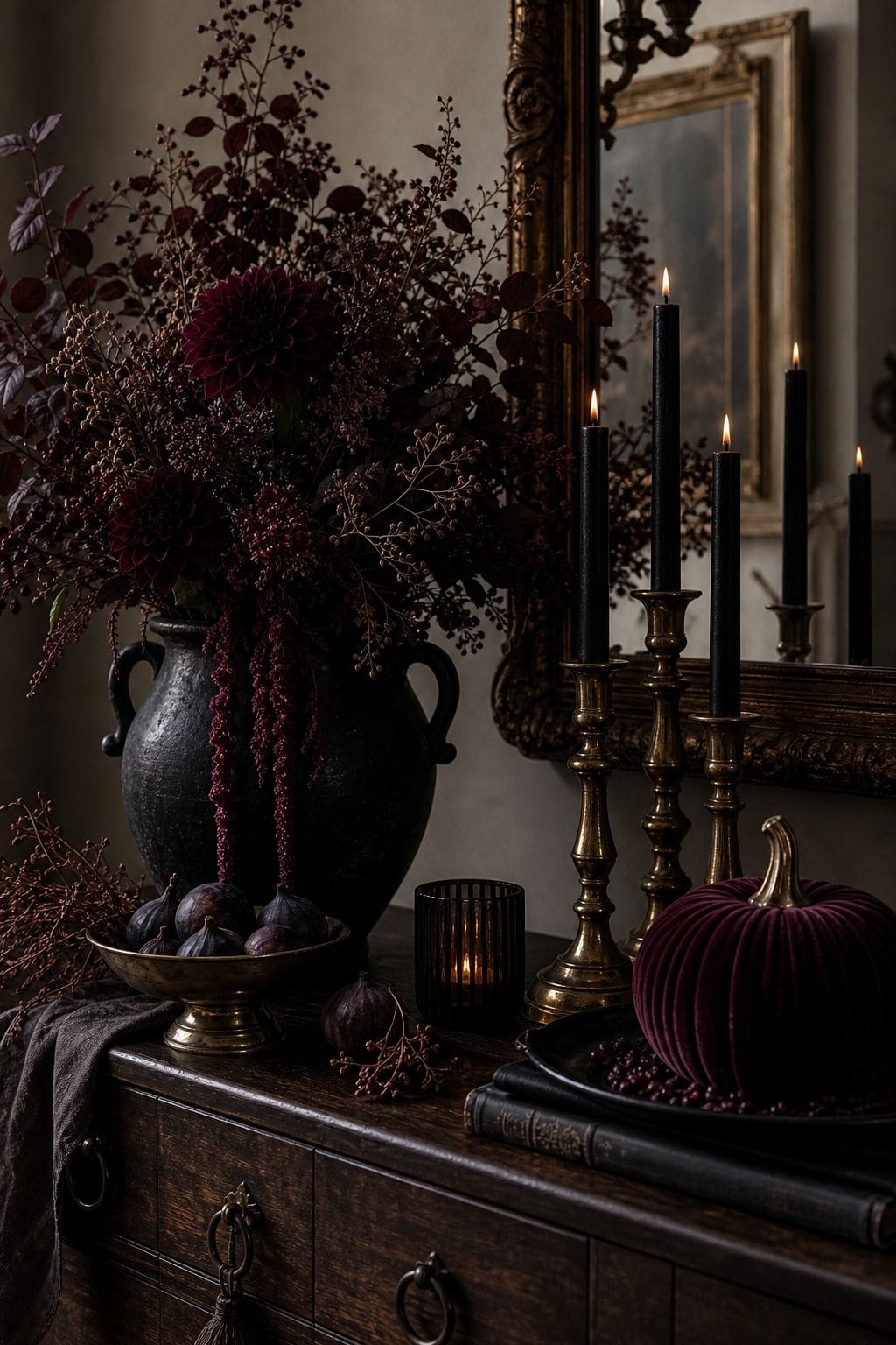 Burgundy Halloween decor accents styled instead of orange