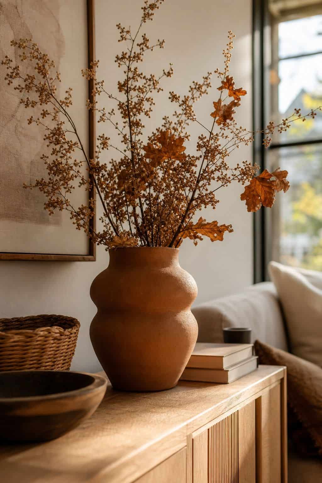 Terracotta Vase Moment shown as a realistic Pretty Wild World image for 19 Boho Fall Decor Ideas for a Warm Layered Home.