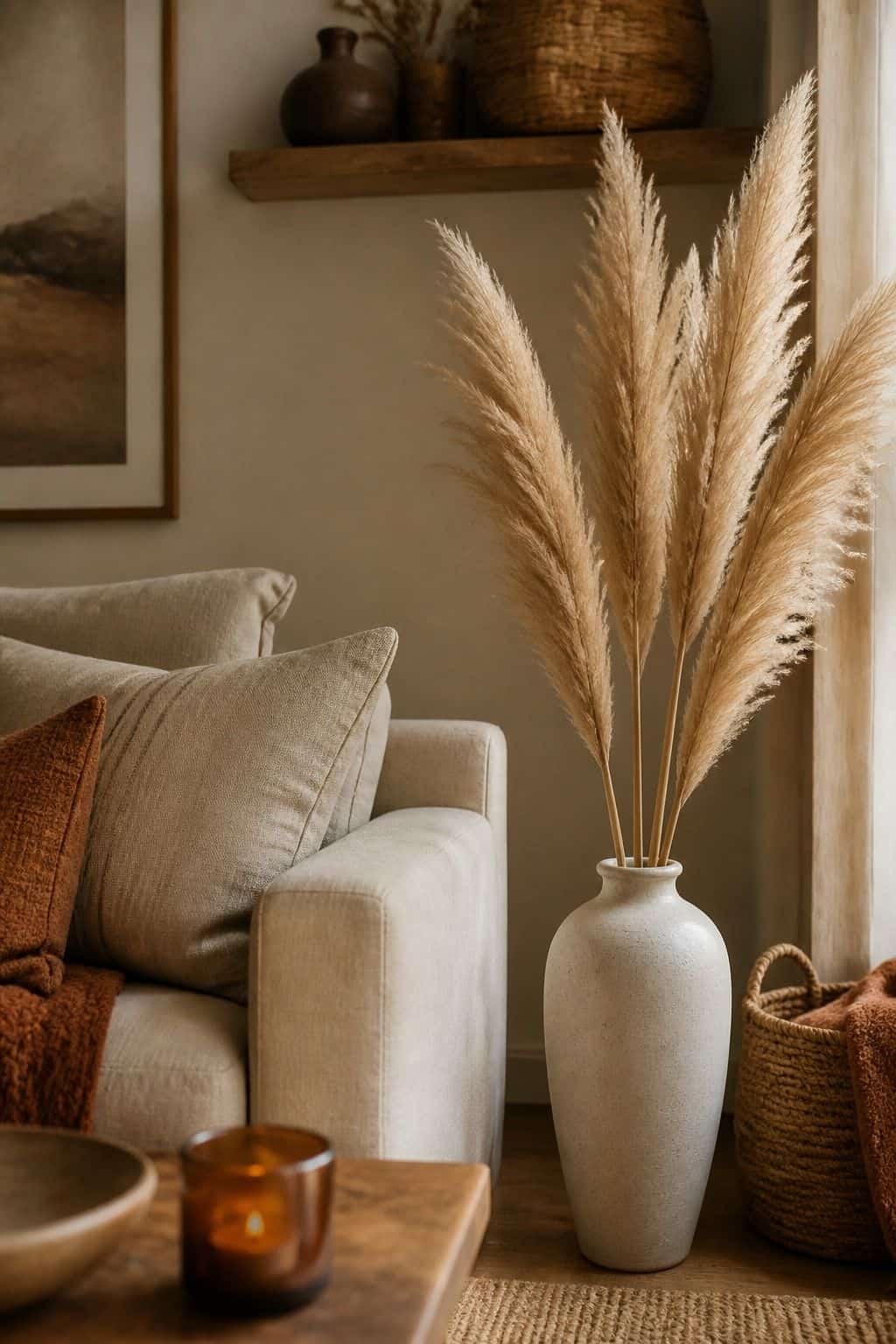 Pampas Grass With Restraint shown as a realistic Pretty Wild World image for 19 Boho Fall Decor Ideas for a Warm Layered Home.