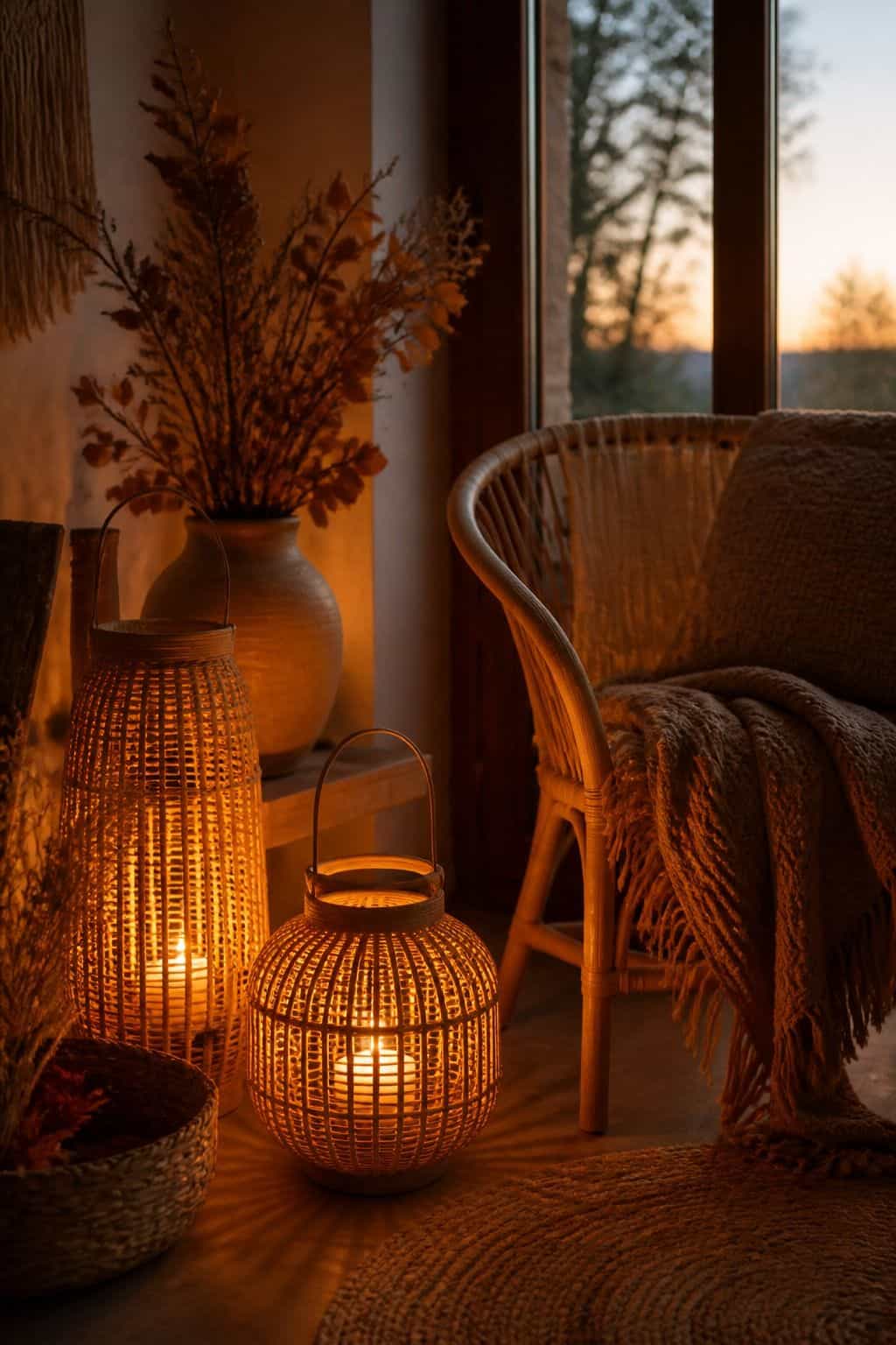 Rattan Lantern Glow shown as a realistic Pretty Wild World image for 19 Boho Fall Decor Ideas for a Warm Layered Home.