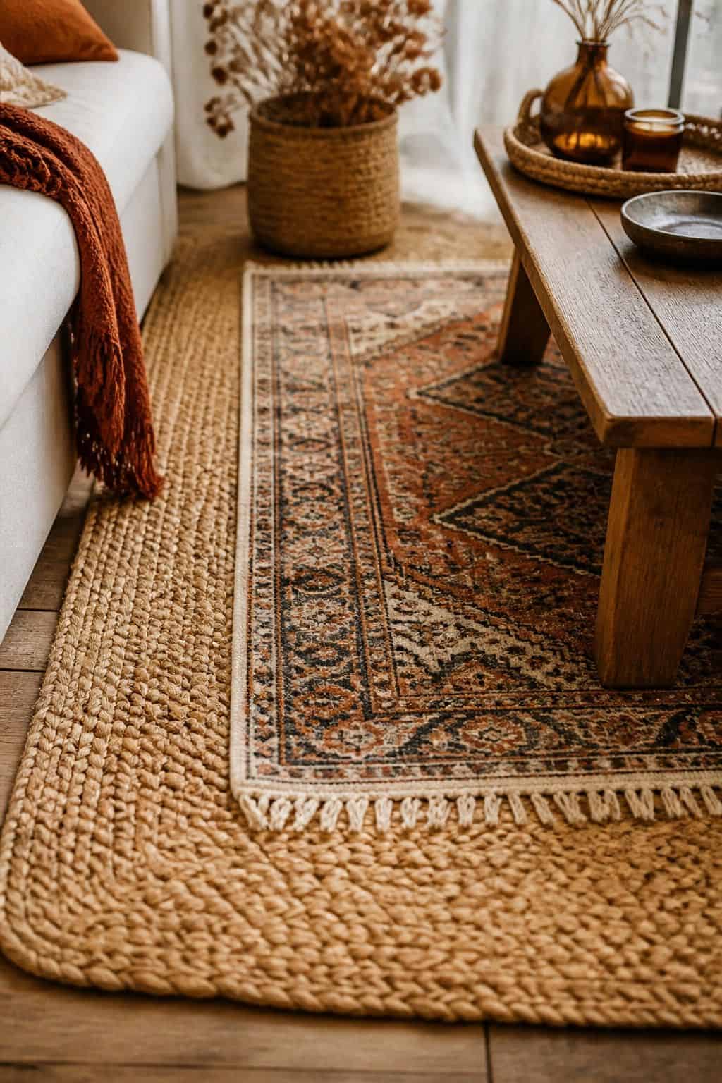 Layered Jute Rug shown as a realistic Pretty Wild World image for 19 Boho Fall Decor Ideas for a Warm Layered Home.