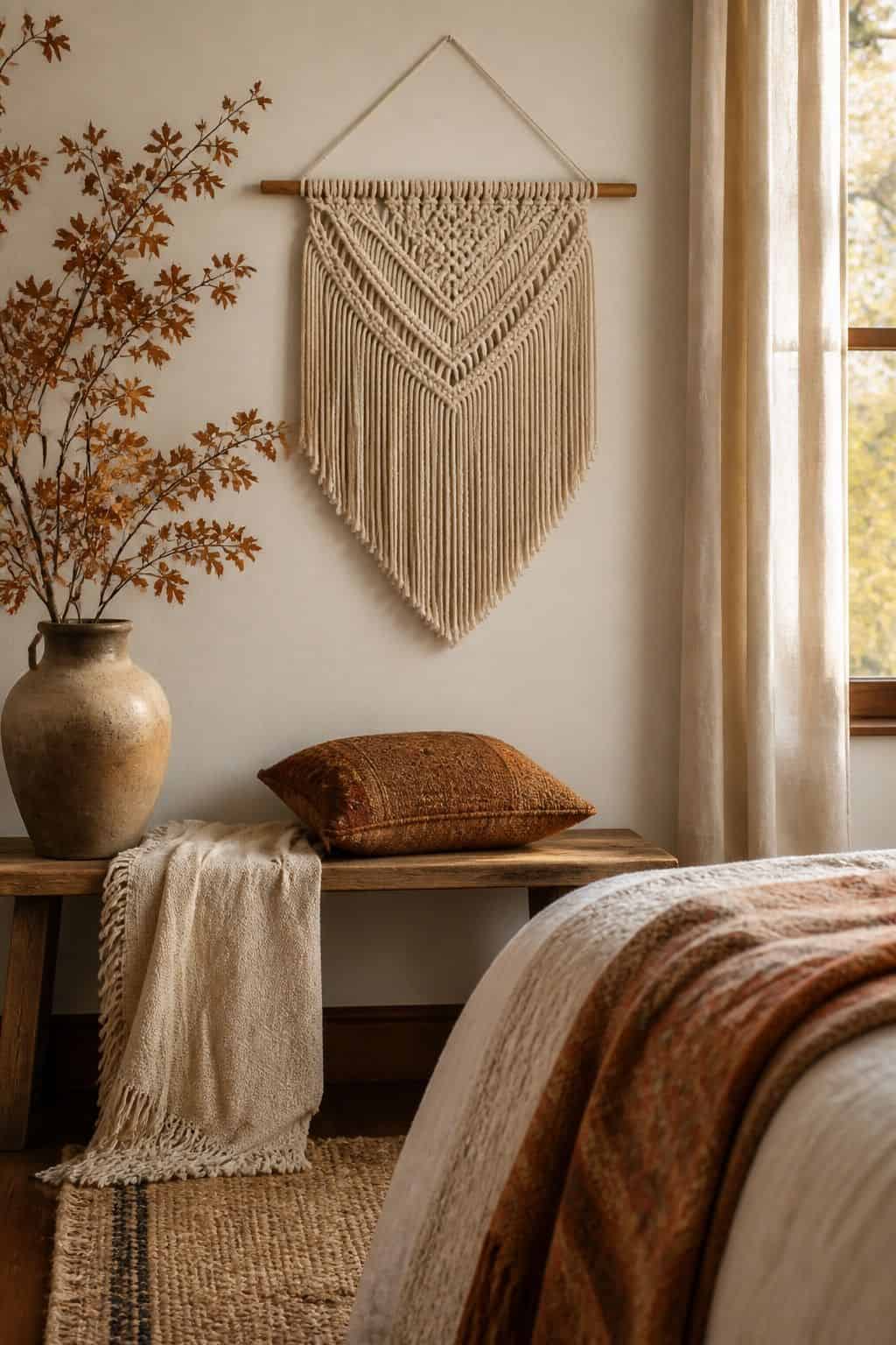 Macrame Kept Modern shown as a realistic Pretty Wild World image for 19 Boho Fall Decor Ideas for a Warm Layered Home.