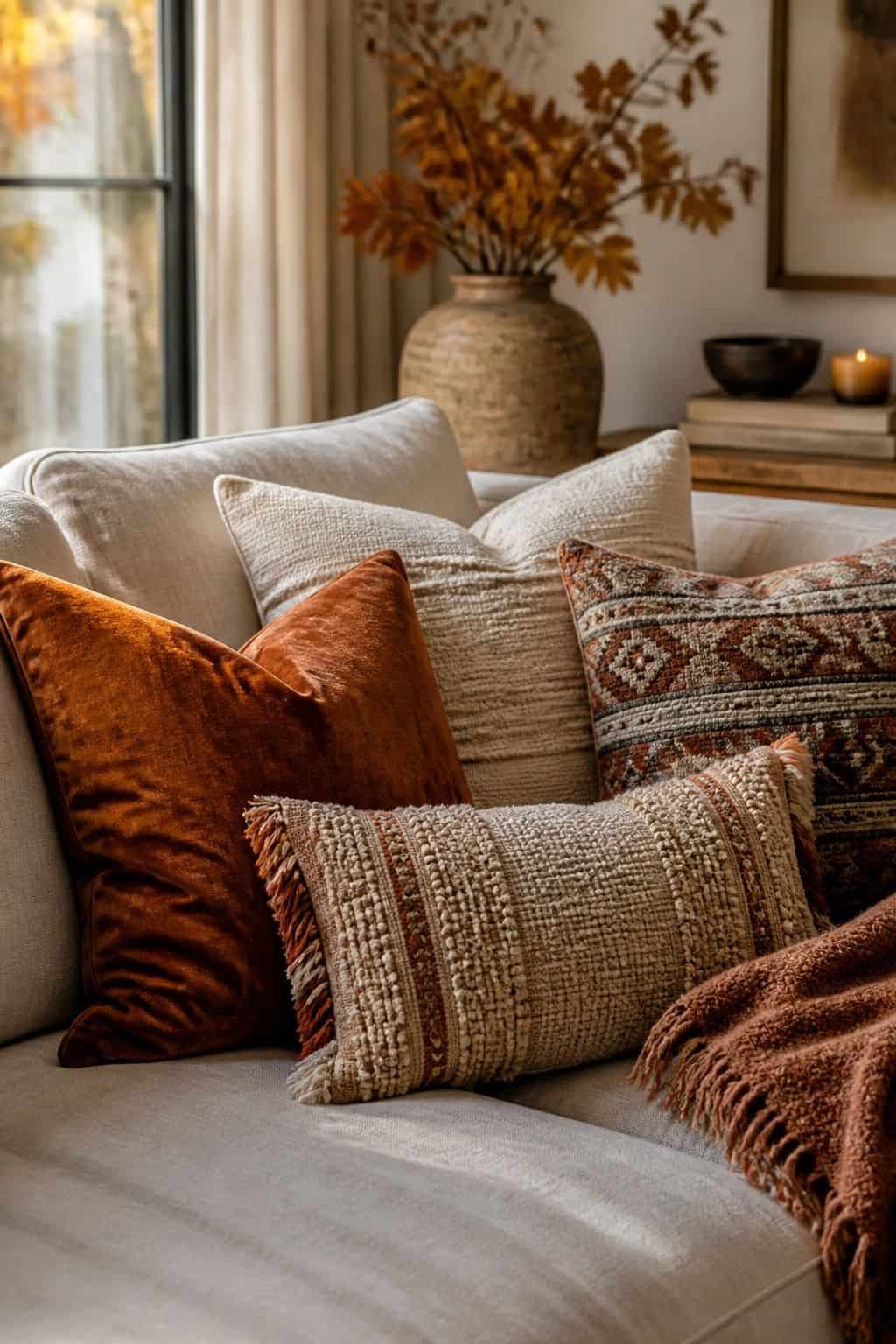 Boho Pillow Mix shown as a realistic Pretty Wild World image for 19 Boho Fall Decor Ideas for a Warm Layered Home.