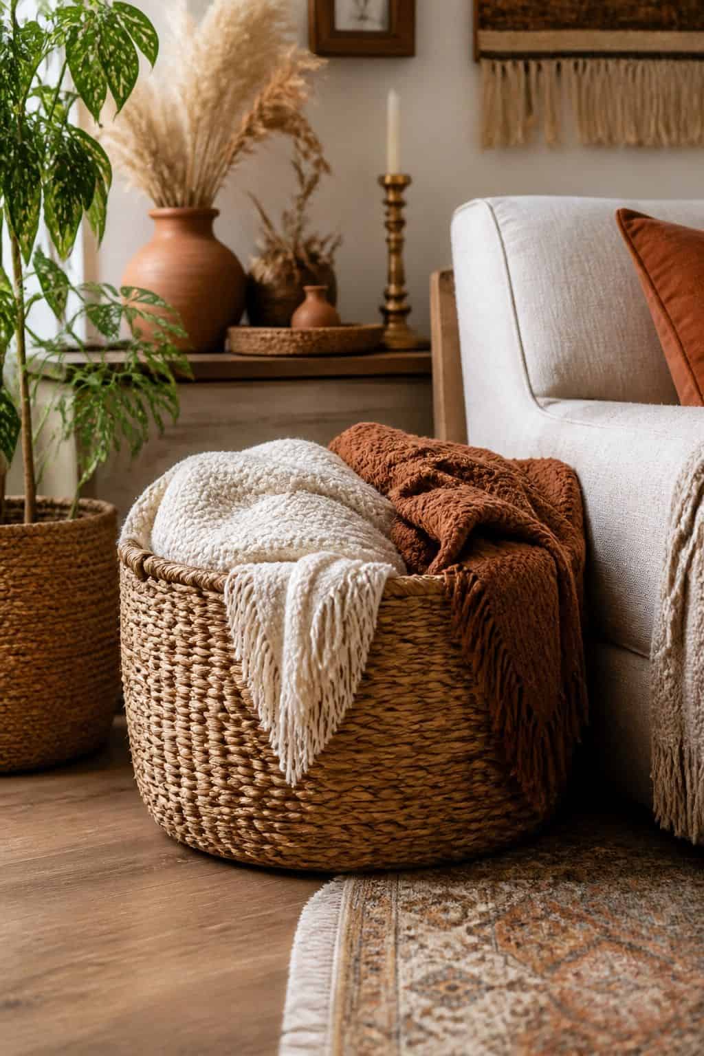 Woven Floor Basket shown as a realistic Pretty Wild World image for 19 Boho Fall Decor Ideas for a Warm Layered Home.