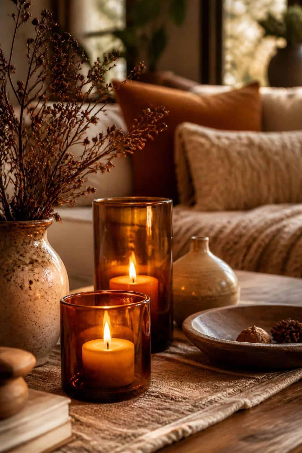 Amber Candle Holder shown as a realistic Pretty Wild World image for 19 Boho Fall Decor Ideas for a Warm Layered Home.