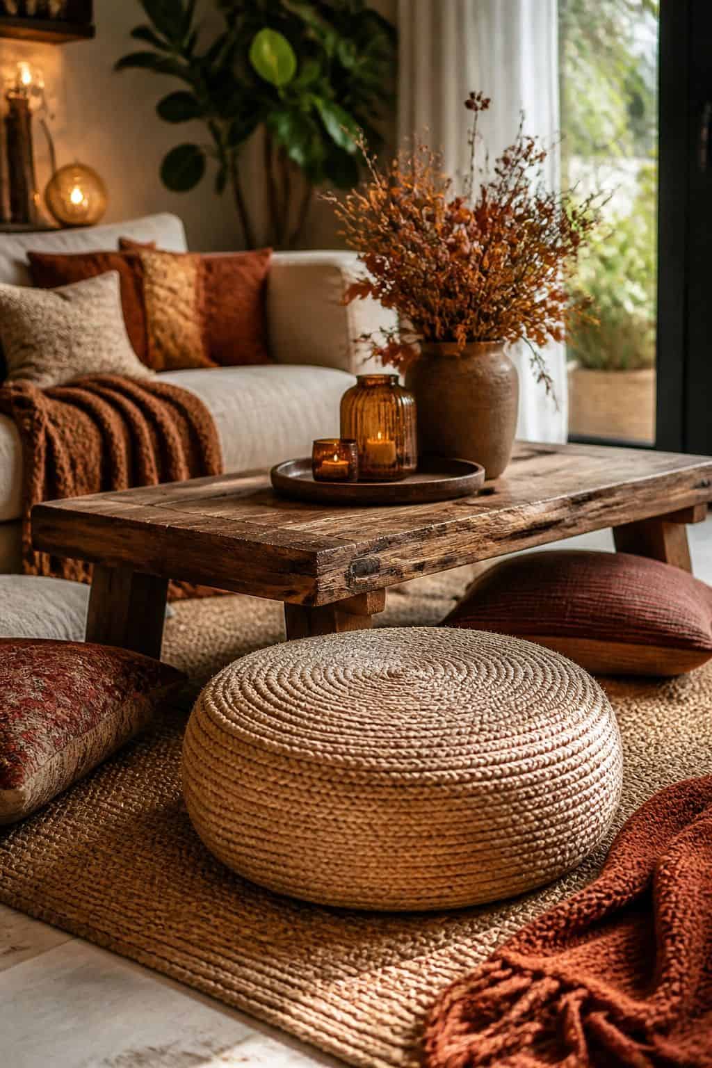 Low Coffee Table Pouf shown as a realistic Pretty Wild World image for 19 Boho Fall Decor Ideas for a Warm Layered Home.