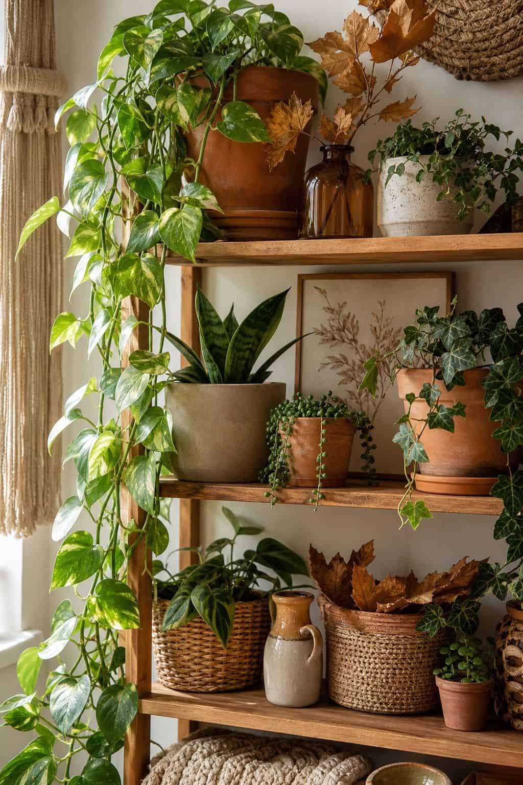 Plant Shelf Autumn Edit shown as a realistic Pretty Wild World image for 19 Boho Fall Decor Ideas for a Warm Layered Home.