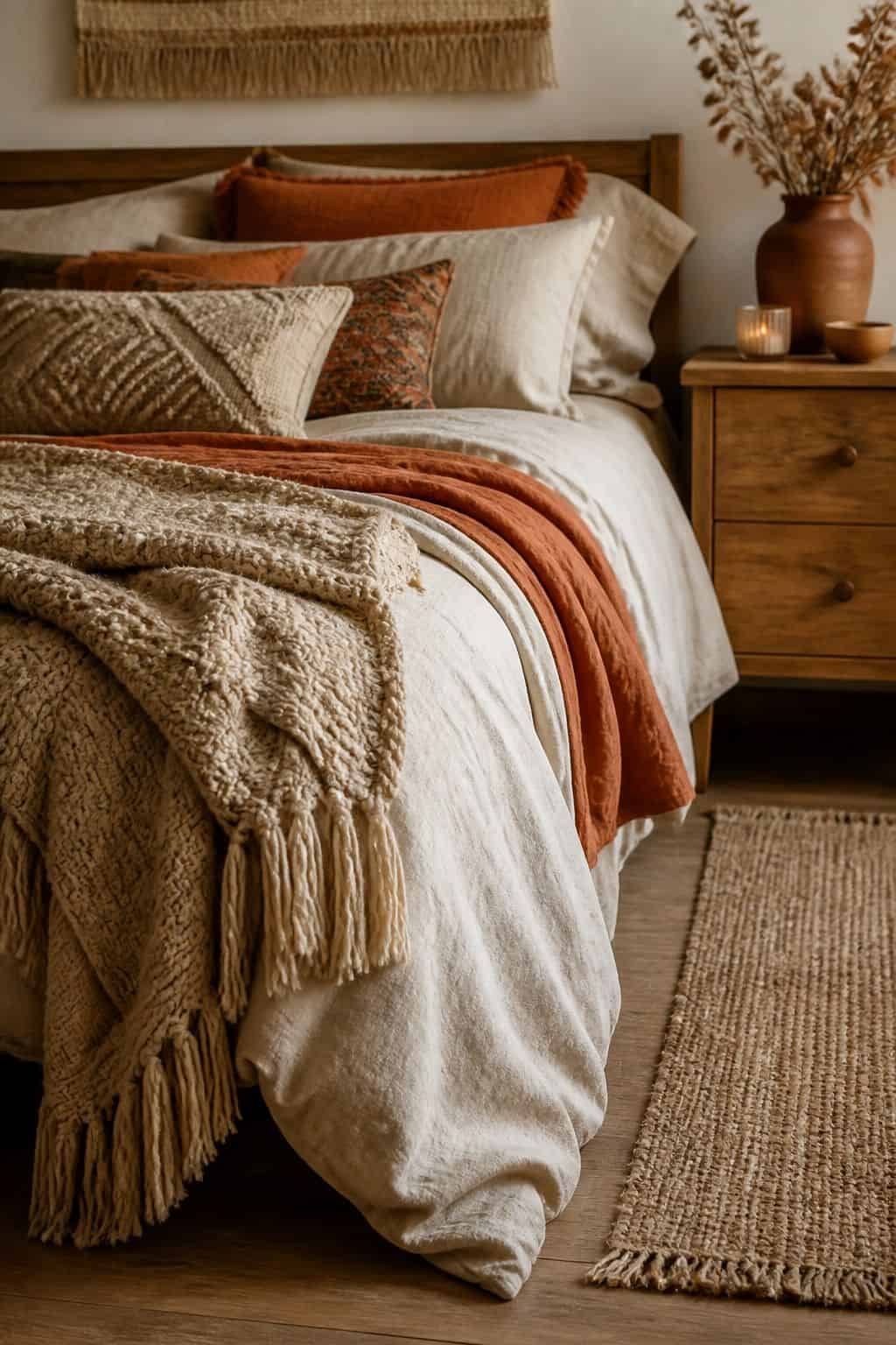 Bedroom Textile Stack shown as a realistic Pretty Wild World image for 19 Boho Fall Decor Ideas for a Warm Layered Home.