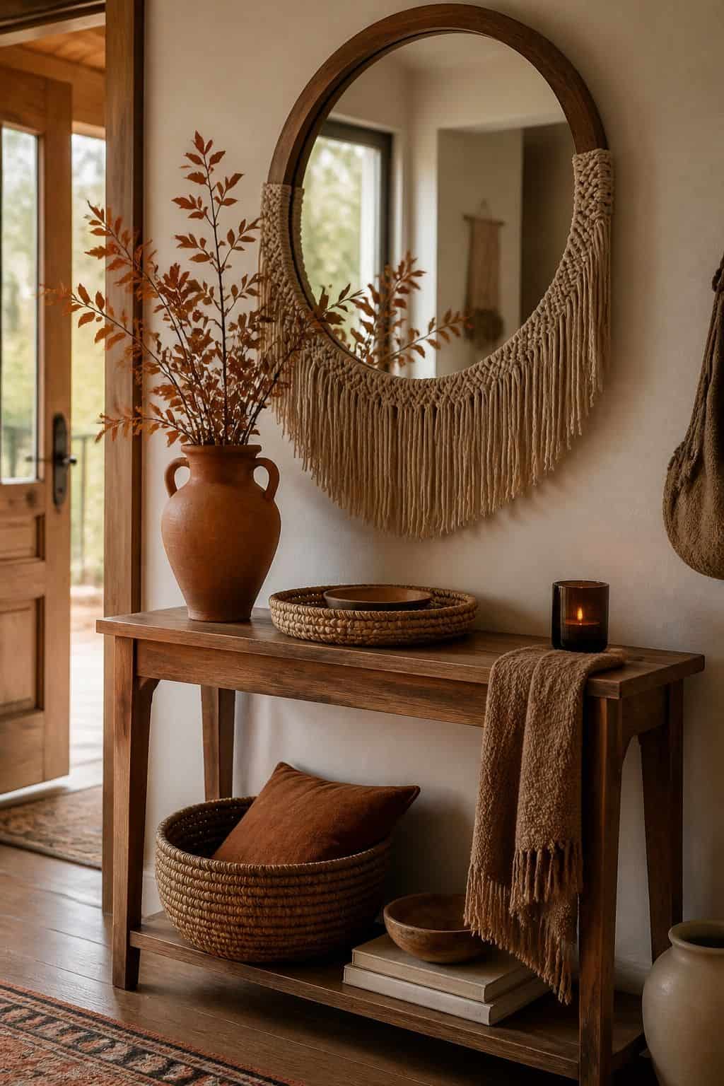 Entry Mirror With Fringe shown as a realistic Pretty Wild World image for 19 Boho Fall Decor Ideas for a Warm Layered Home.