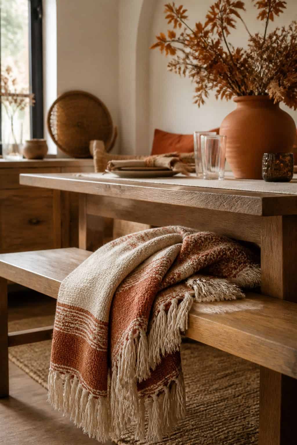 Dining Bench Blanket shown as a realistic Pretty Wild World image for 19 Boho Fall Decor Ideas for a Warm Layered Home.