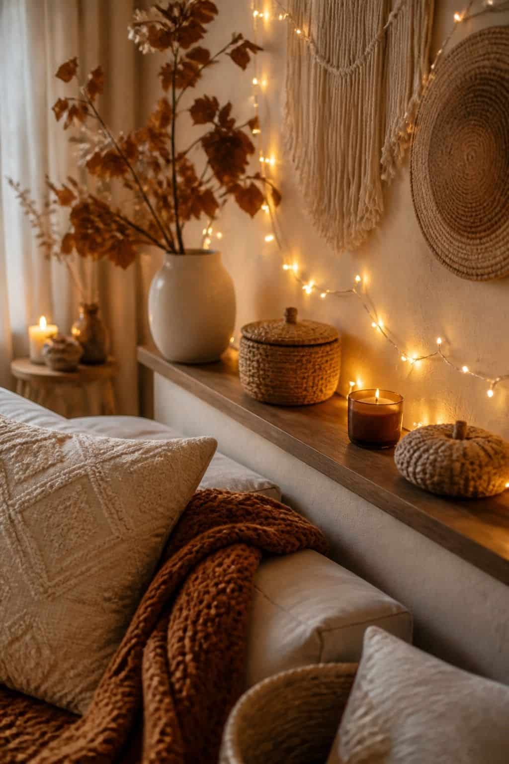 Warm White String Lights shown as a realistic Pretty Wild World image for 19 Boho Fall Decor Ideas for a Warm Layered Home.