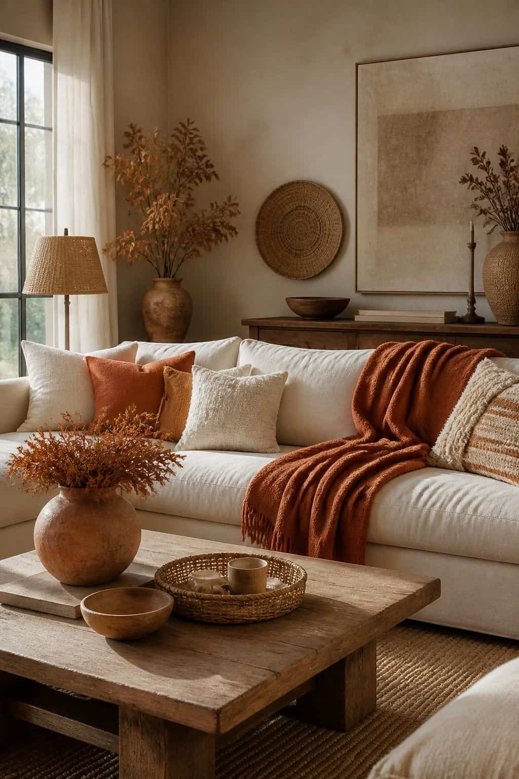 Rust and Cream Palette shown as a realistic Pretty Wild World image for 19 Boho Fall Decor Ideas for a Warm Layered Home.