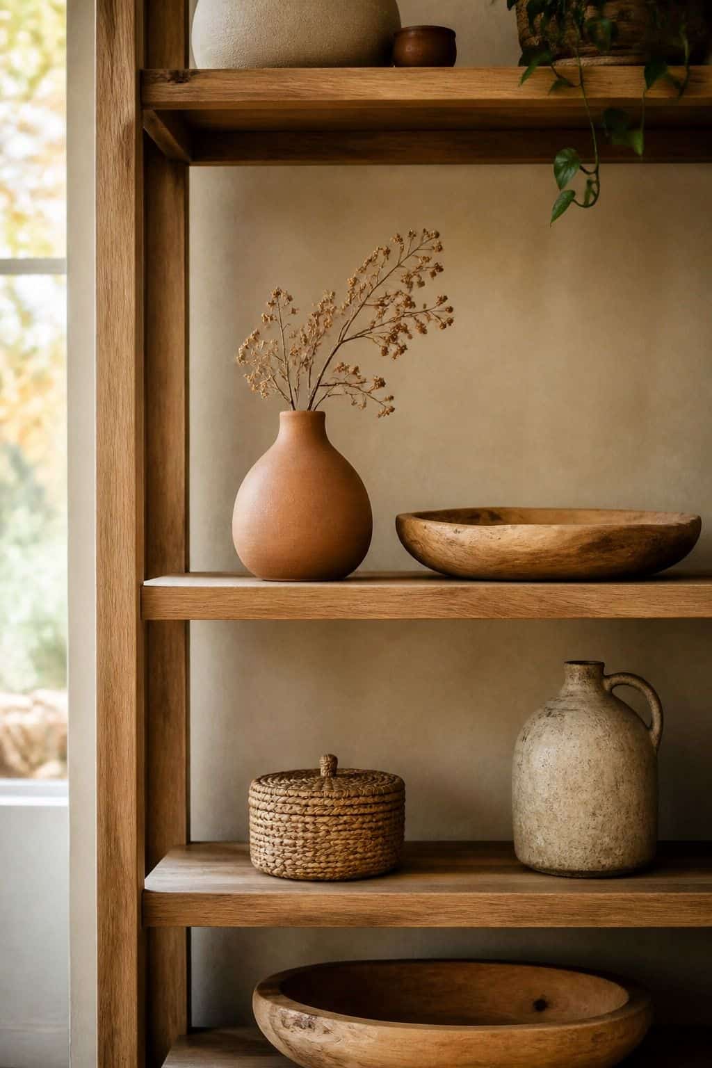 No Overcrowded Shelves shown as a realistic Pretty Wild World image for 19 Boho Fall Decor Ideas for a Warm Layered Home.