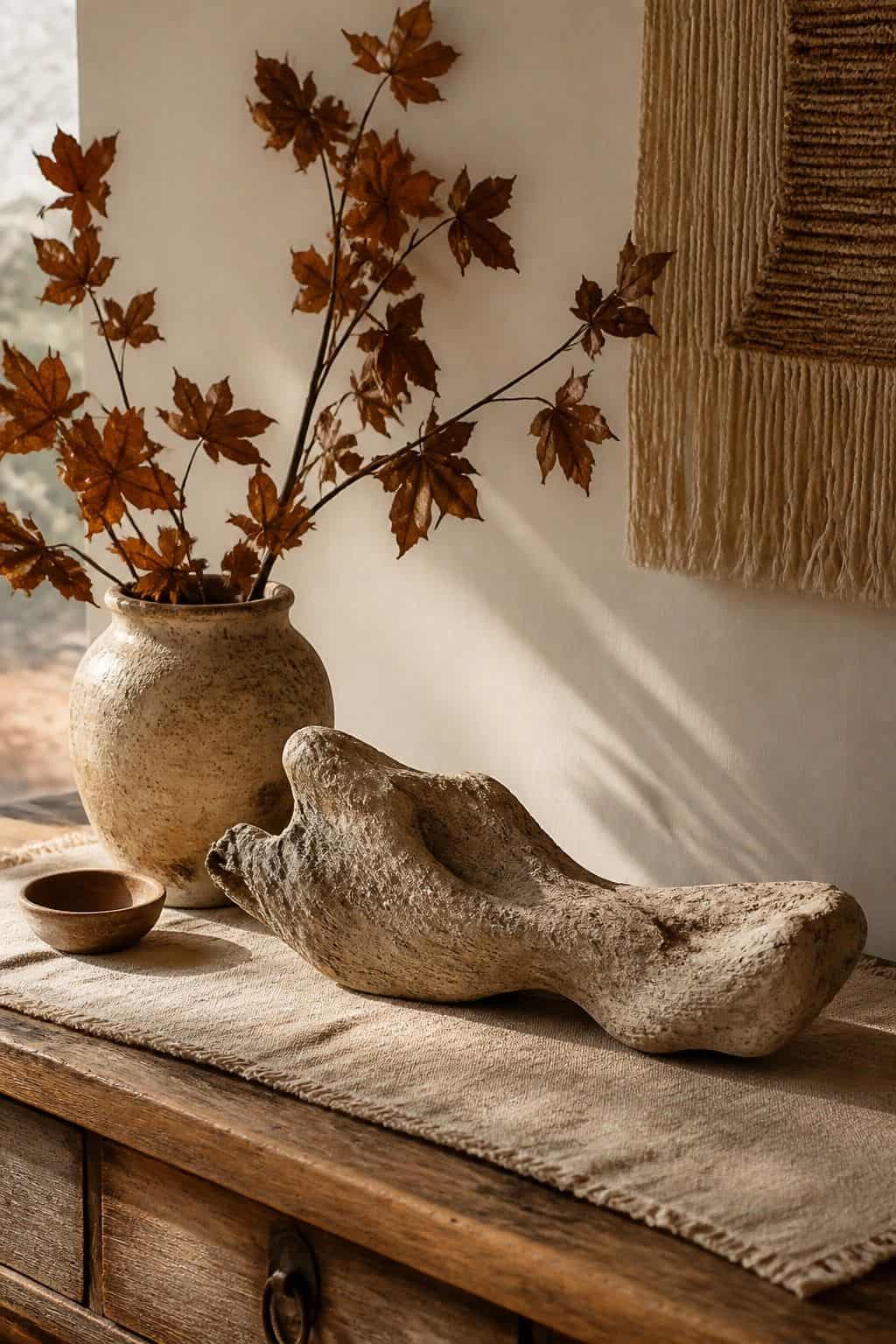 Found Object Moment shown as a realistic Pretty Wild World image for 19 Boho Fall Decor Ideas for a Warm Layered Home.
