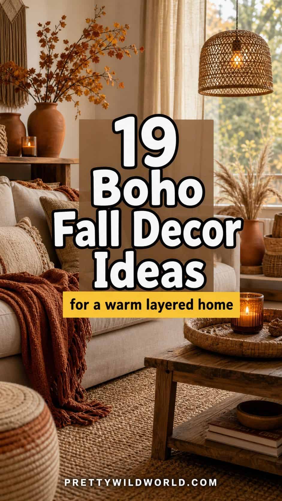 Pinterest pin for 19 Boho Fall Decor Ideas for a Warm Layered Home from Pretty Wild World.