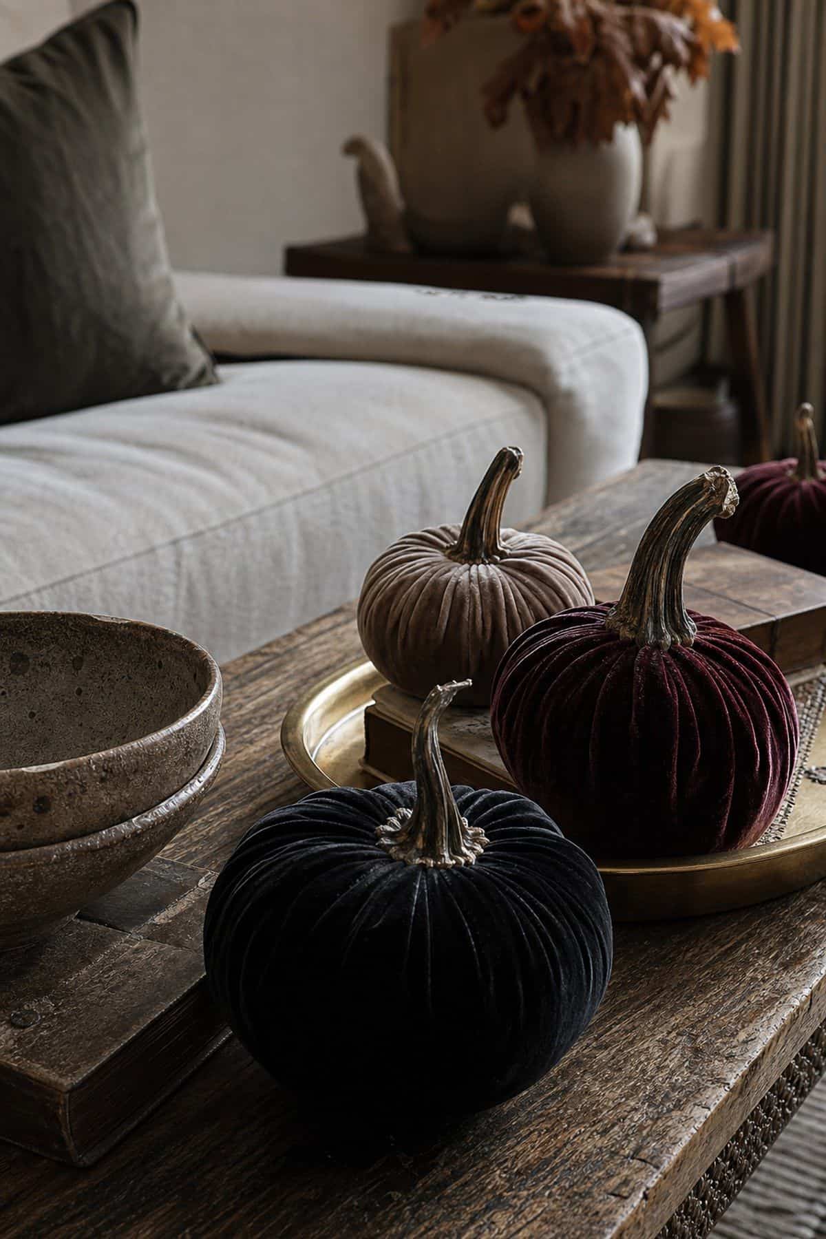 Velvet pumpkin cluster in black, burgundy, and taupe on a brass coffee table tray