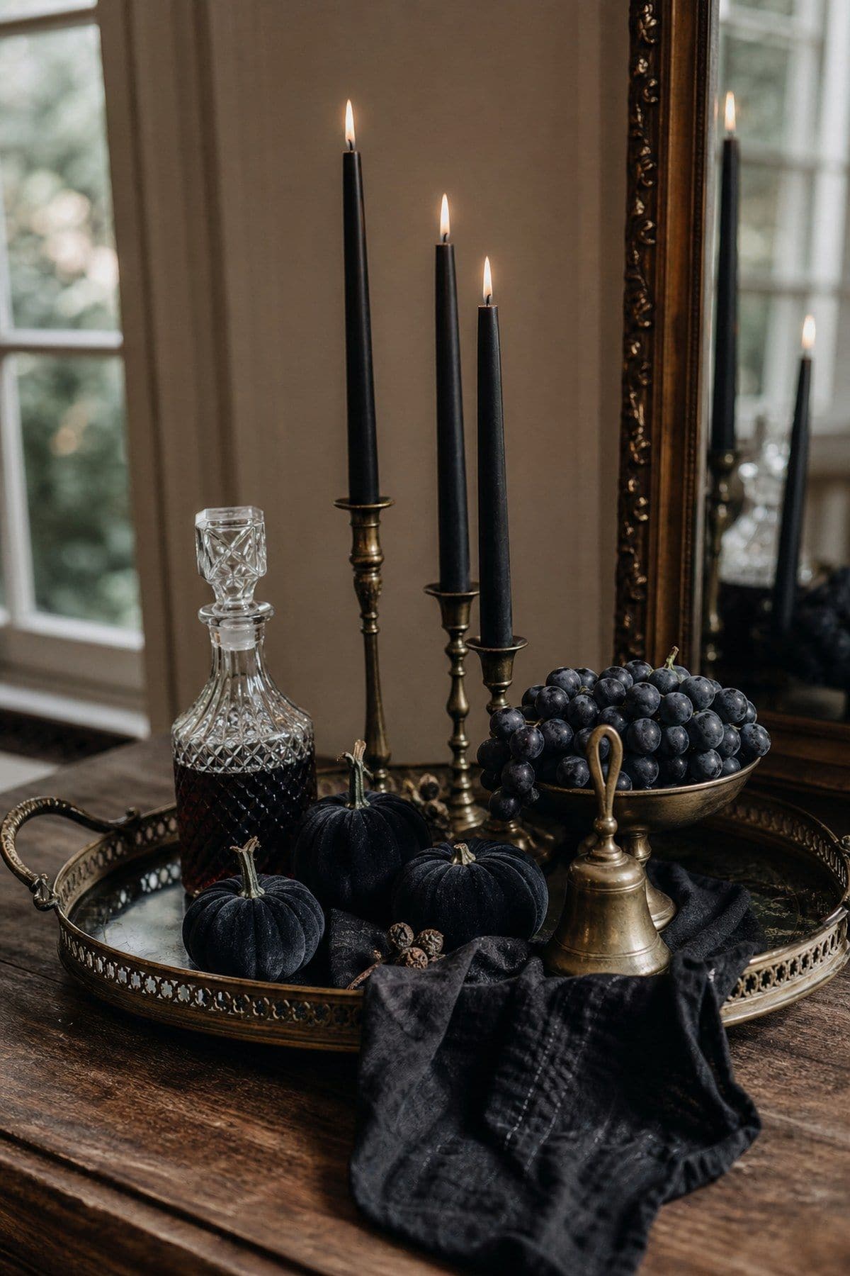 Antique gold tray styled with black candles and small pumpkins for elegant Halloween decor