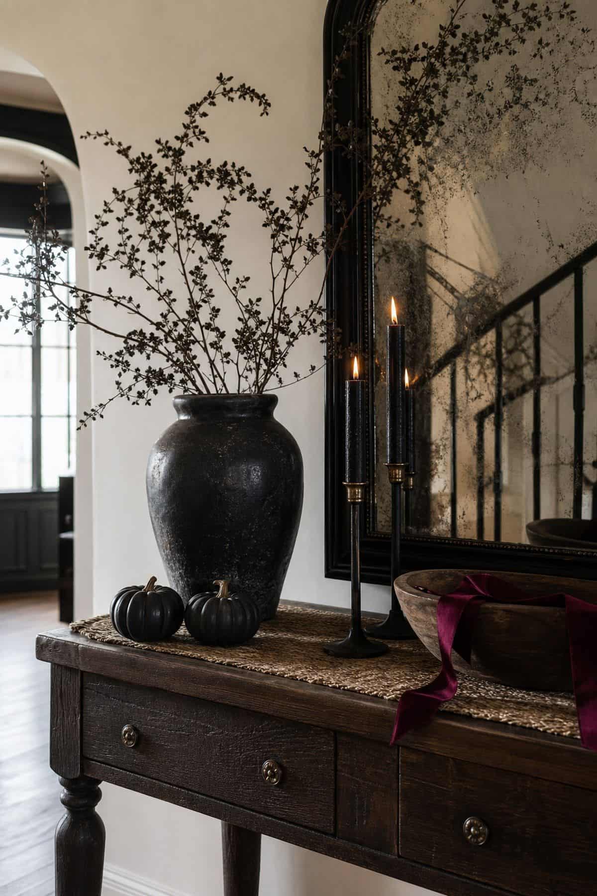 Moody entry console with black candles, branches, and small pumpkins for Halloween