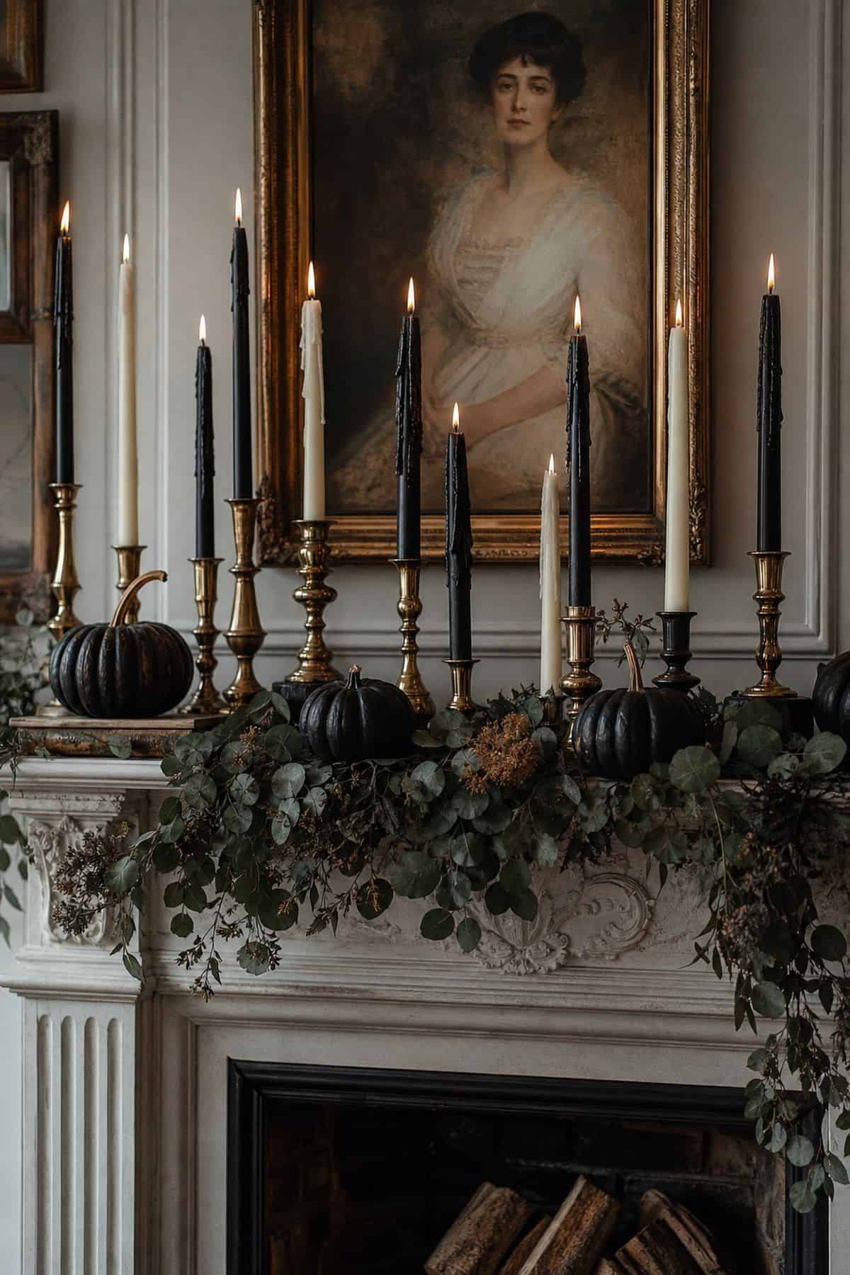 Elegant Halloween mantel with rhythmic taper candles, dark garland, and black pumpkins