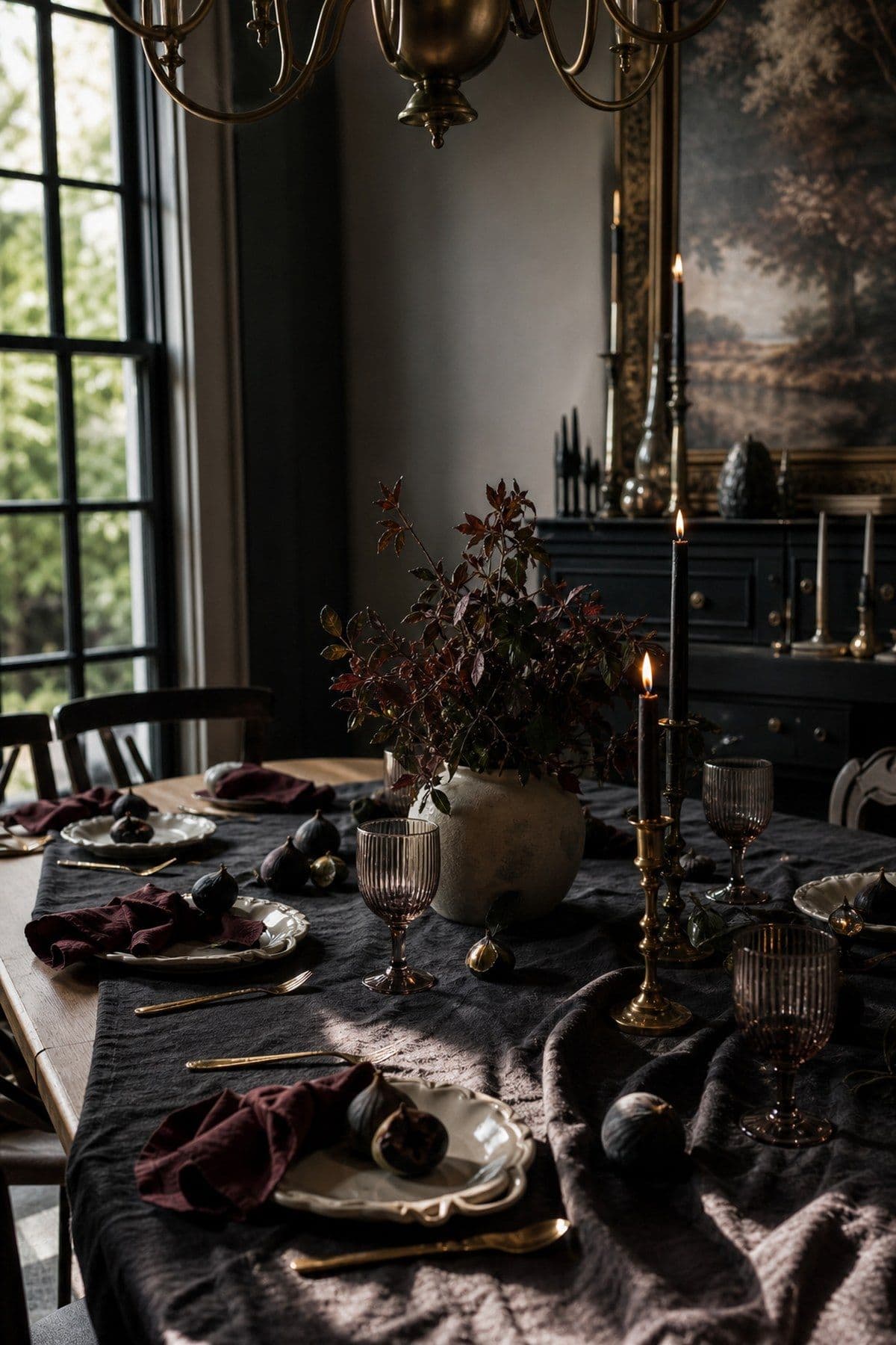 Moody Halloween dining table with layered shadows, burgundy napkins, and brass candles