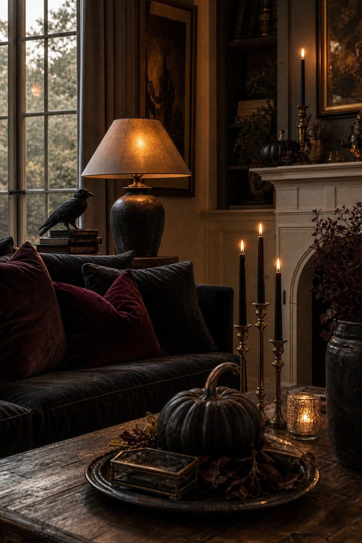 Elegant Halloween living room with low lighting, black candles, and velvet accents
