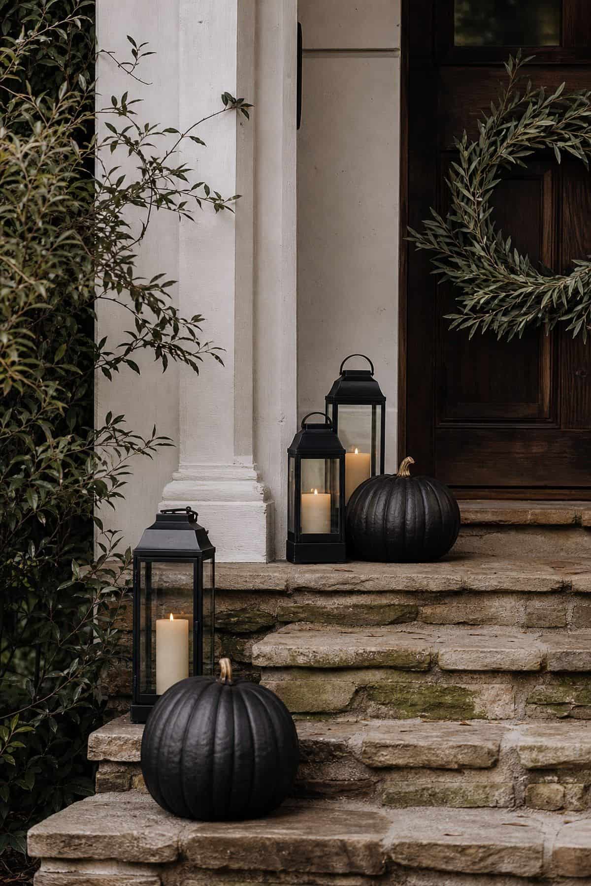 Minimal Halloween porch with black lanterns, matte pumpkins, and a dark wood door