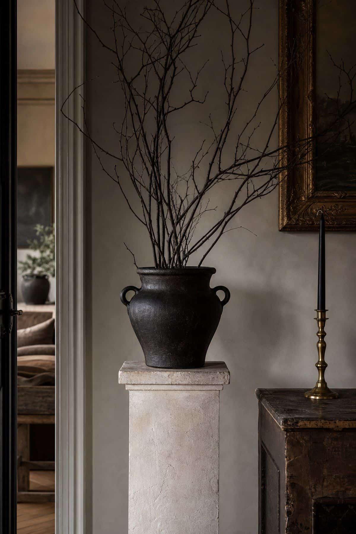 Large matte black urn with dark branches used as one elegant Halloween statement object