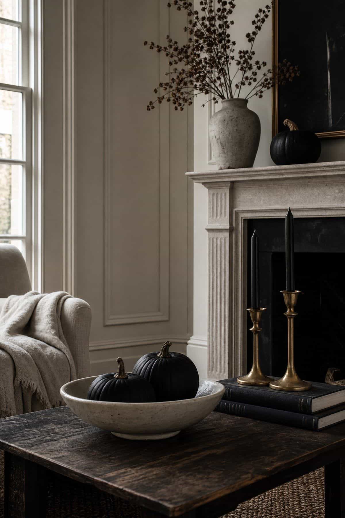 Refined Halloween living room vignette with natural pumpkins and no plastic clutter