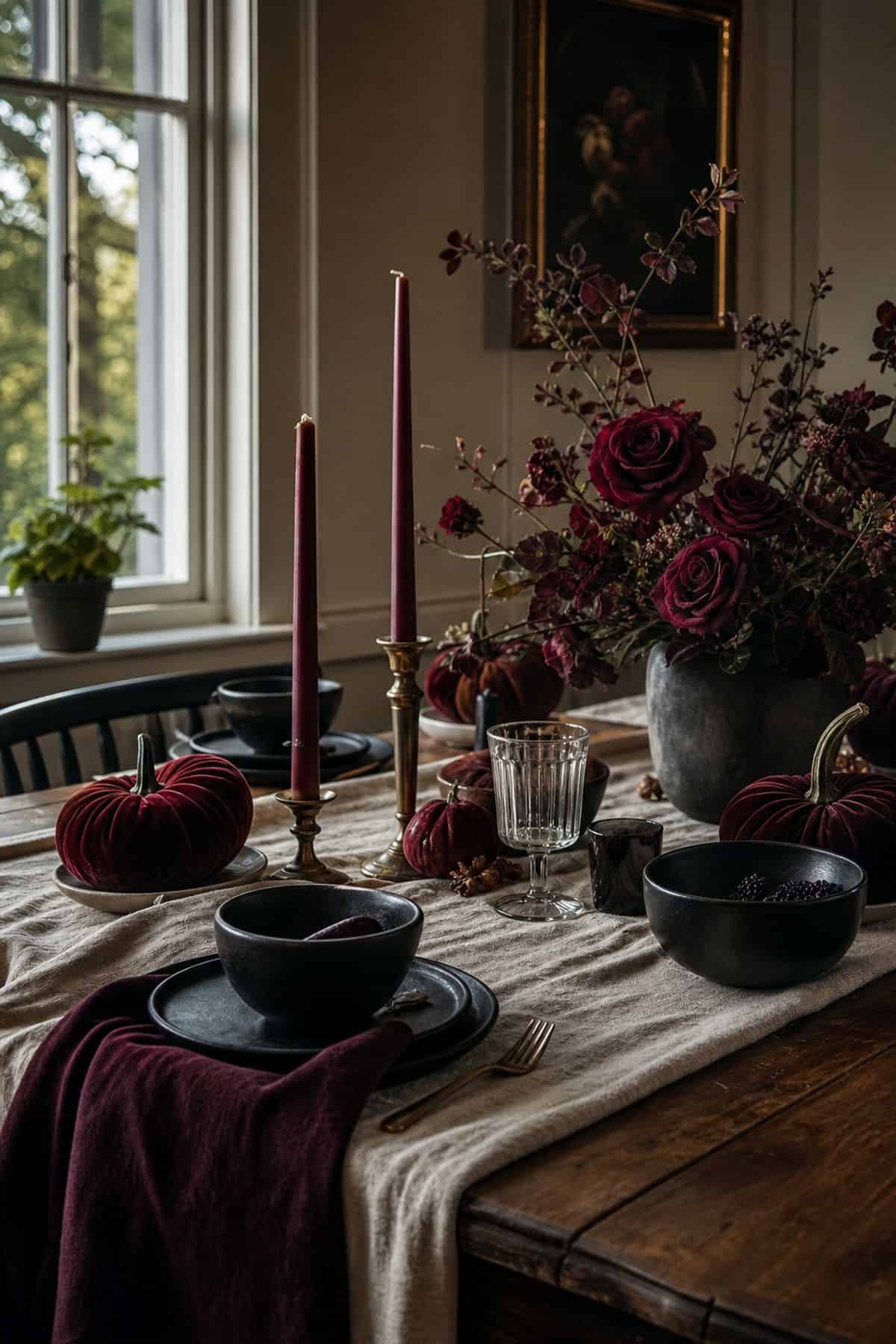 Burgundy Halloween decor with wine velvet pumpkins, dark roses, and black candles