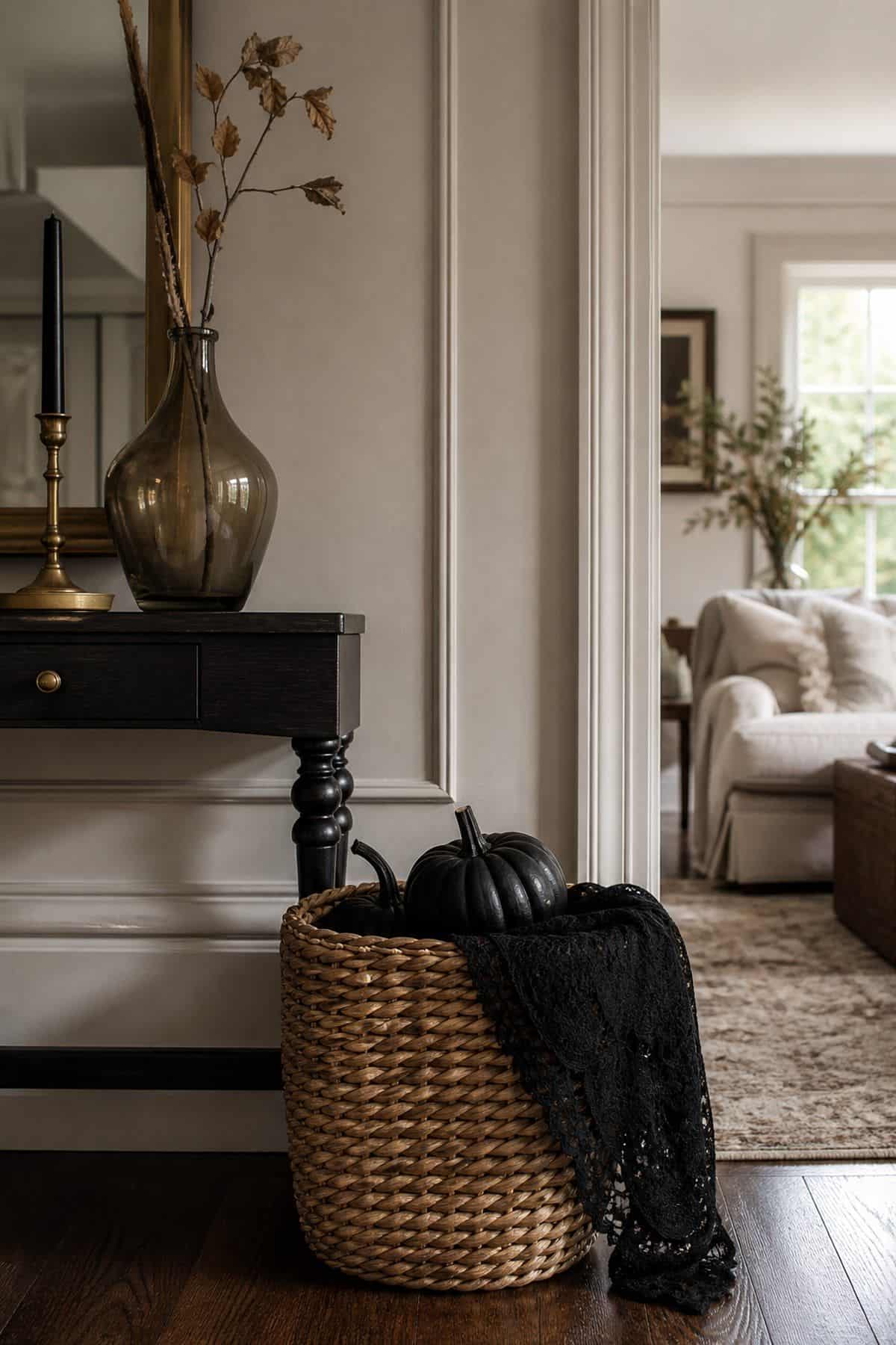 After-Halloween decor edit with black pumpkins and lace runner gathered in a woven basket