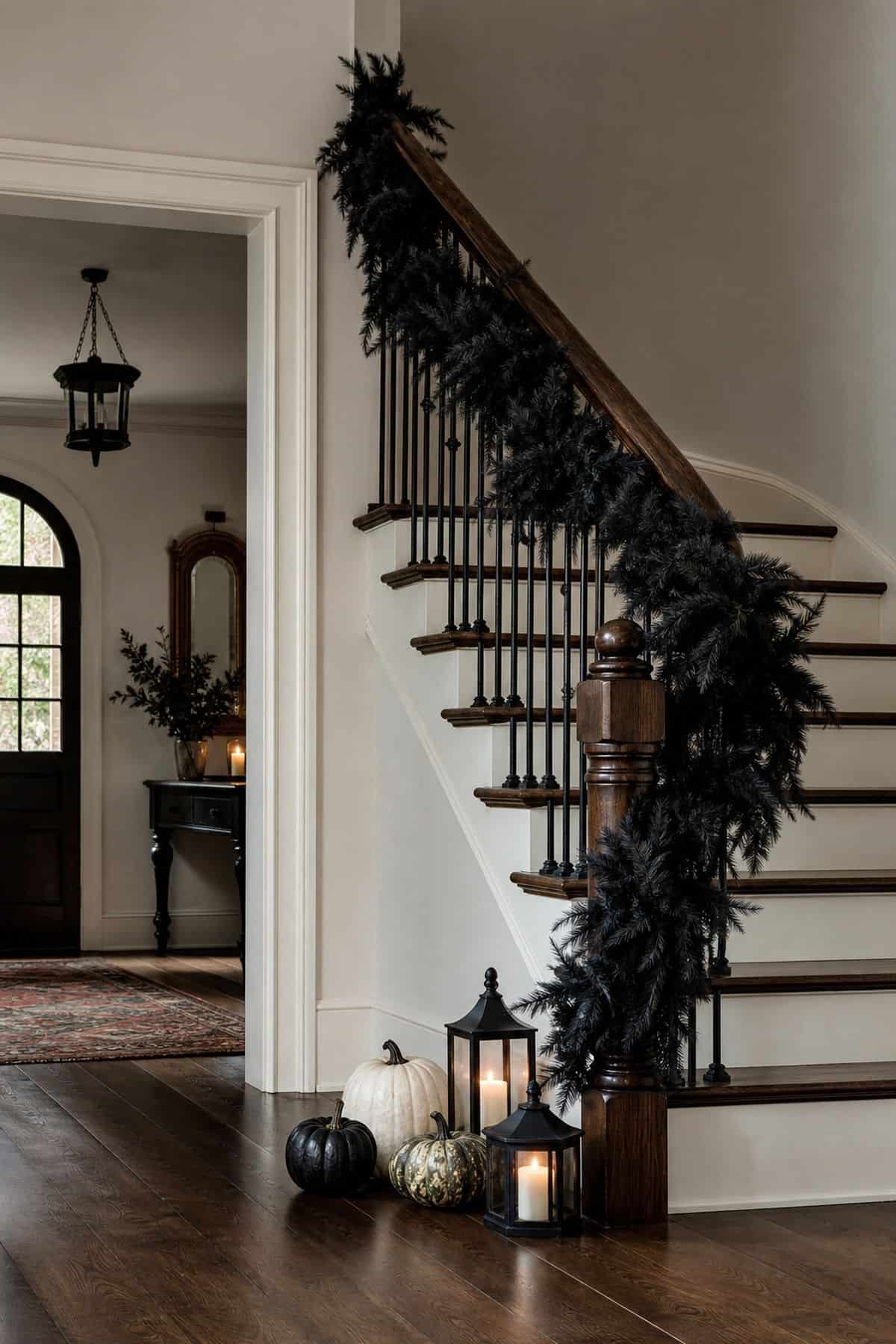 Black Garland on the Railing shown as a realistic Pretty Wild World image for 16 Halloween Staircase Decor Ideas for a Spooky Grand Entrance.