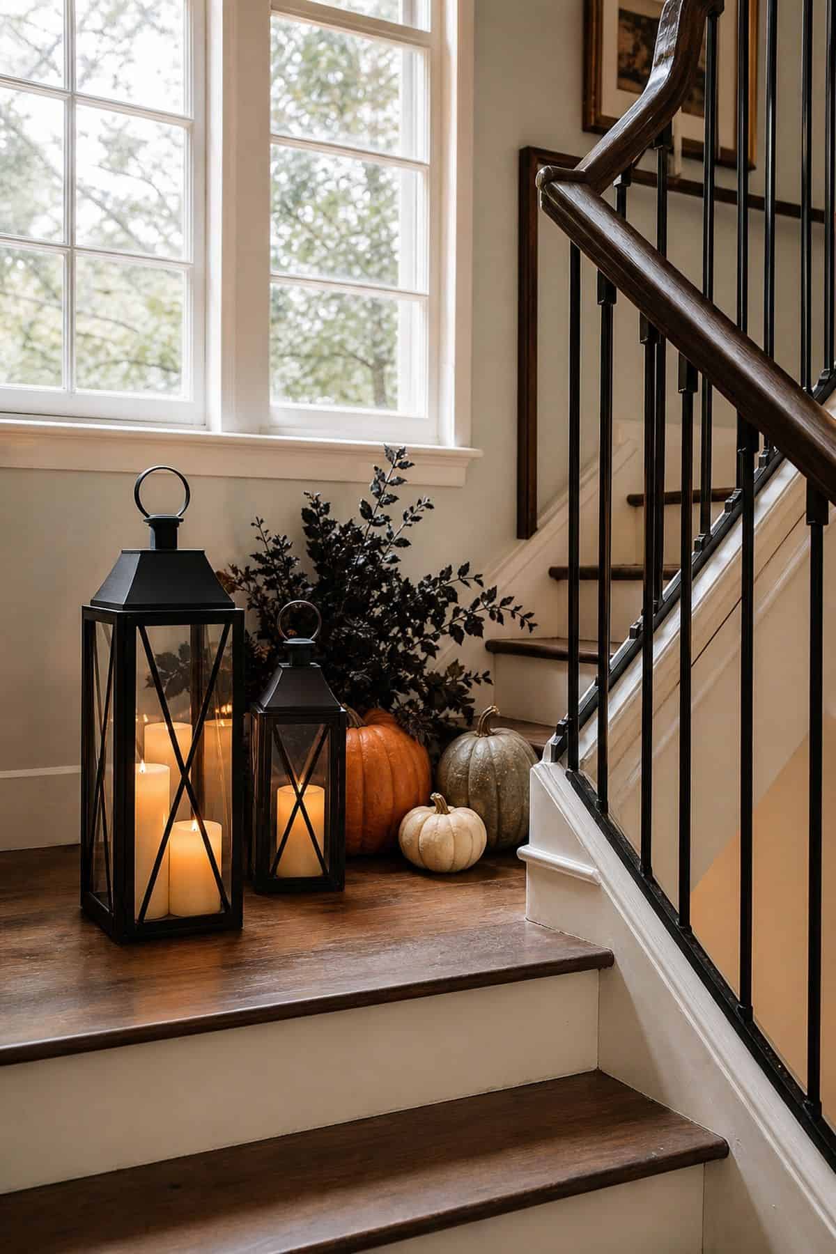 Battery Lanterns on the Landing shown as a realistic Pretty Wild World image for 16 Halloween Staircase Decor Ideas for a Spooky Grand Entrance.