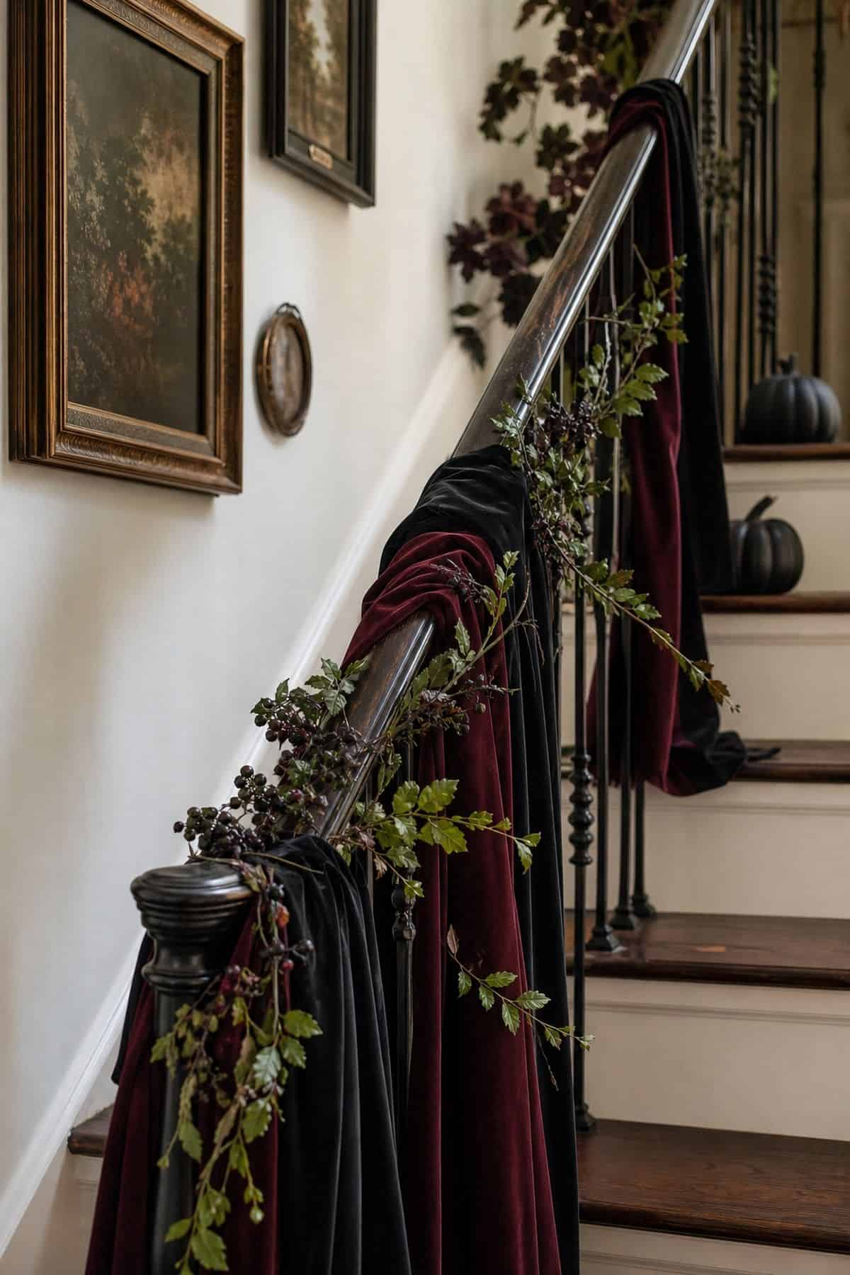 Velvet Ribbon Down the Banister shown as a realistic Pretty Wild World image for 16 Halloween Staircase Decor Ideas for a Spooky Grand Entrance.