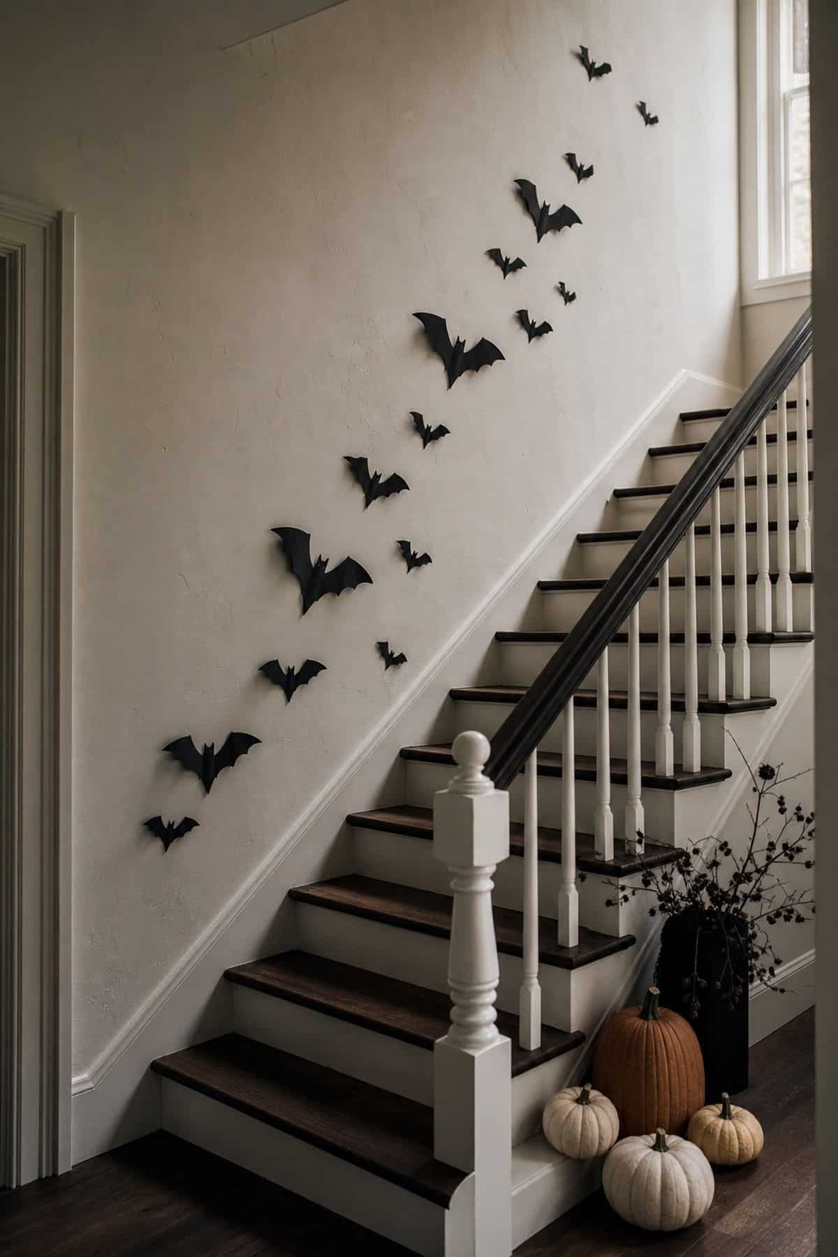 Paper Bats Climbing the Wall shown as a realistic Pretty Wild World image for 16 Halloween Staircase Decor Ideas for a Spooky Grand Entrance.
