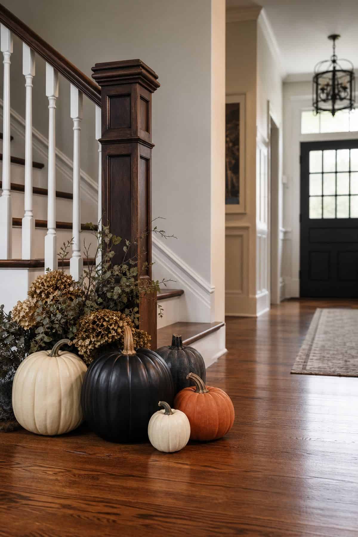 Matte Pumpkins by the Newel Post shown as a realistic Pretty Wild World image for 16 Halloween Staircase Decor Ideas for a Spooky Grand Entrance.