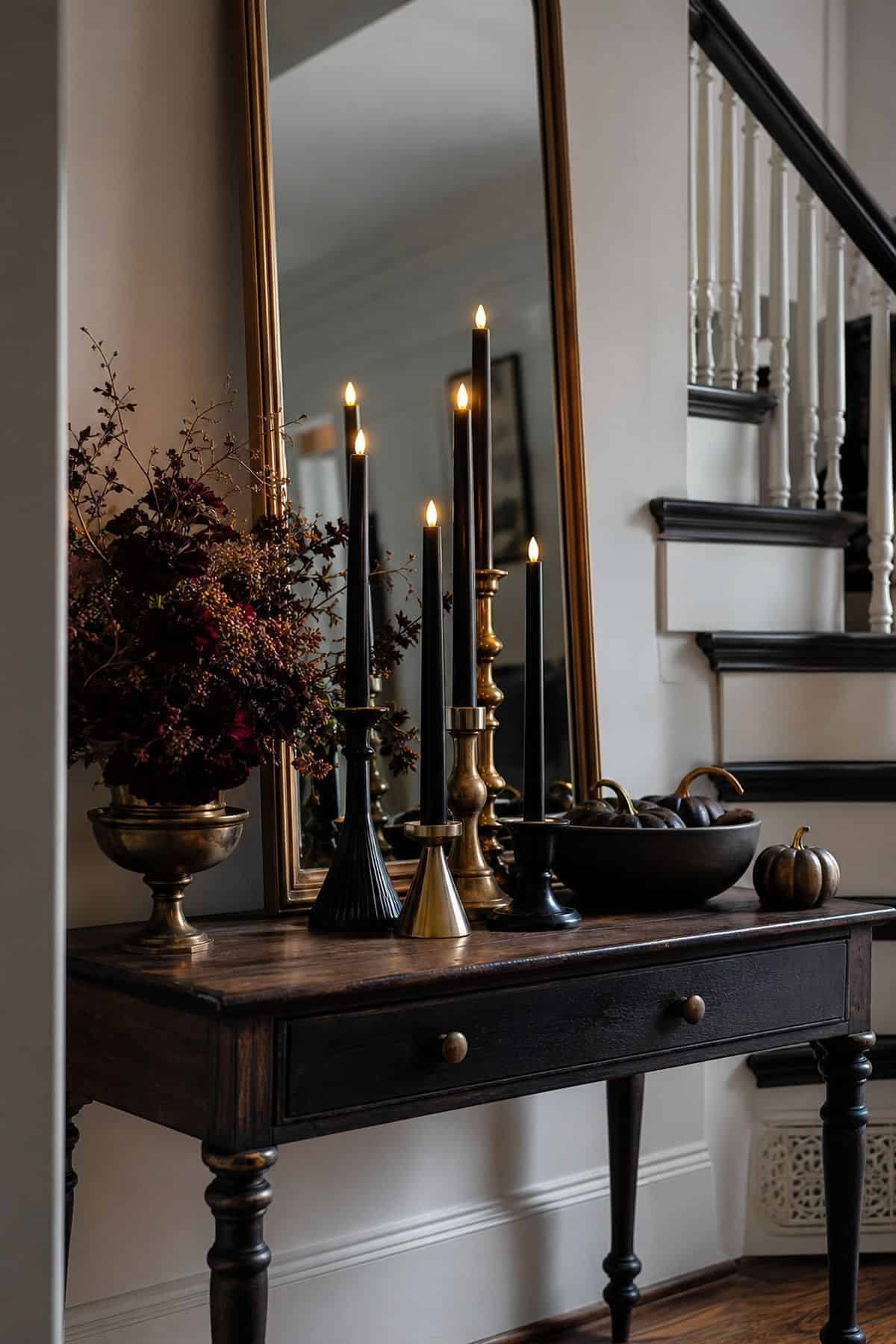 Battery Tapers on a Console shown as a realistic Pretty Wild World image for 16 Halloween Staircase Decor Ideas for a Spooky Grand Entrance.