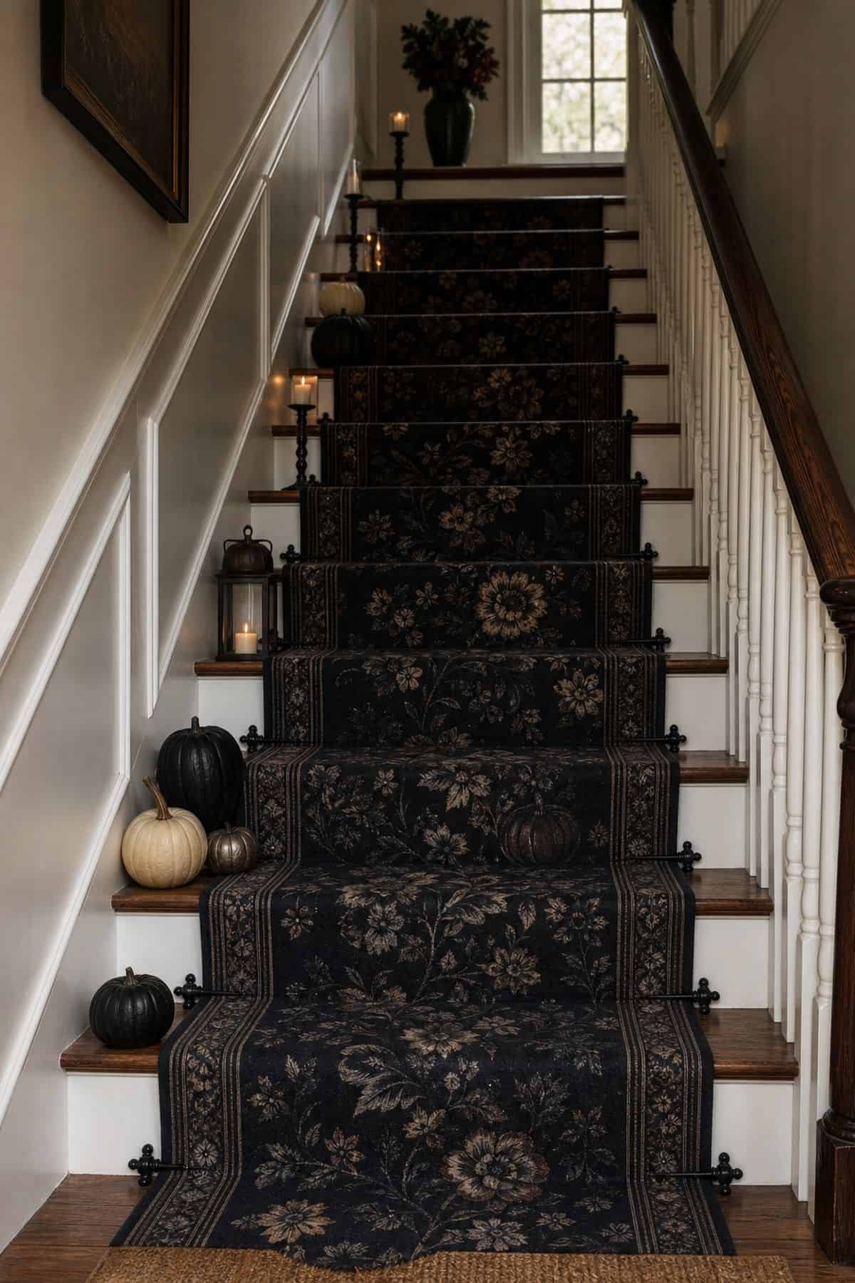 Spooky Stair Runner Moment shown as a realistic Pretty Wild World image for 16 Halloween Staircase Decor Ideas for a Spooky Grand Entrance.