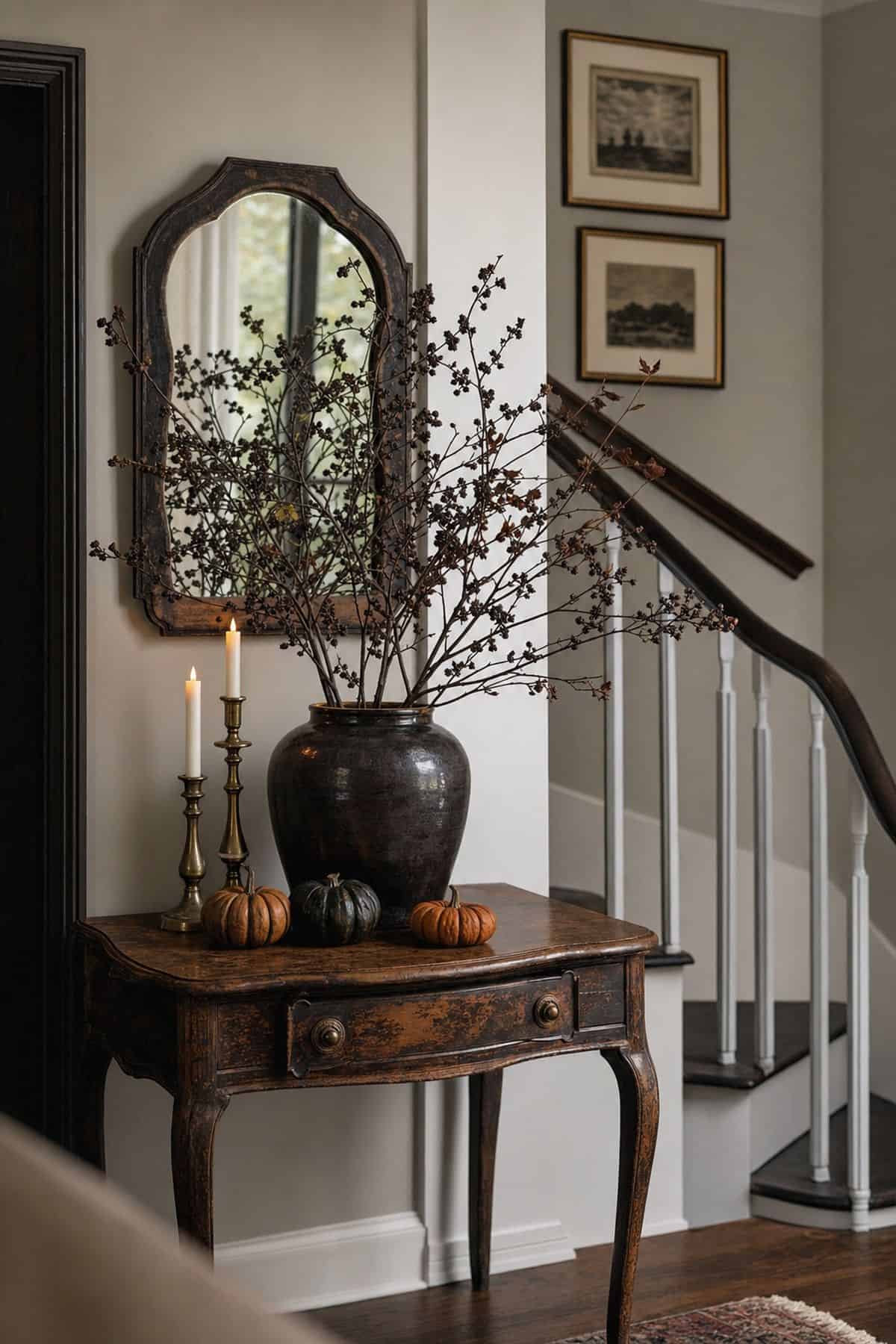 Landing Table Vignette shown as a realistic Pretty Wild World image for 16 Halloween Staircase Decor Ideas for a Spooky Grand Entrance.