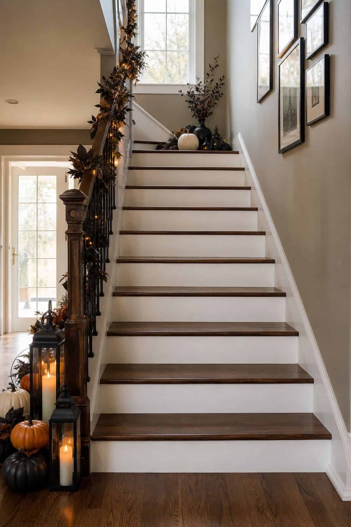 No Decor on the Treads shown as a realistic Pretty Wild World image for 16 Halloween Staircase Decor Ideas for a Spooky Grand Entrance.