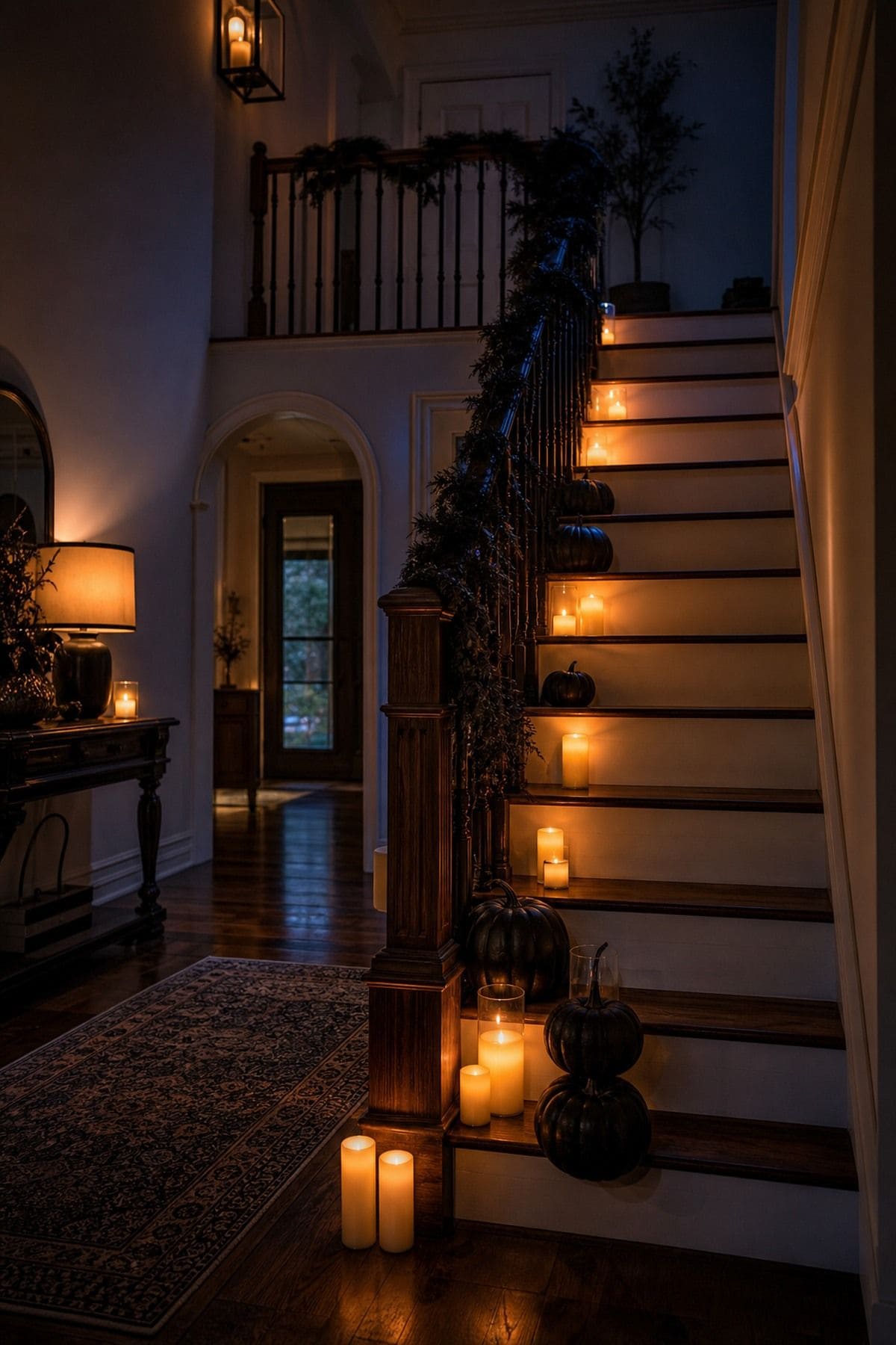 Soft Light for Nighttime shown as a realistic Pretty Wild World image for 16 Halloween Staircase Decor Ideas for a Spooky Grand Entrance.