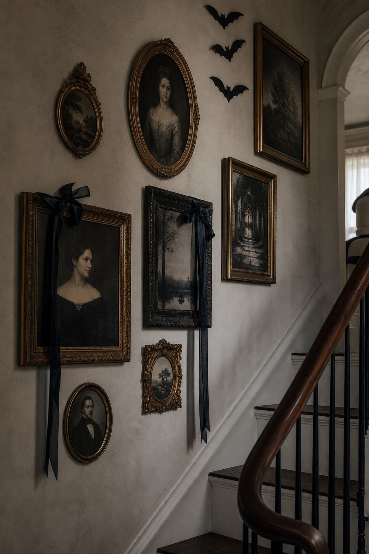 Old Portrait Gallery Wall shown as a realistic Pretty Wild World image for 16 Halloween Staircase Decor Ideas for a Spooky Grand Entrance.