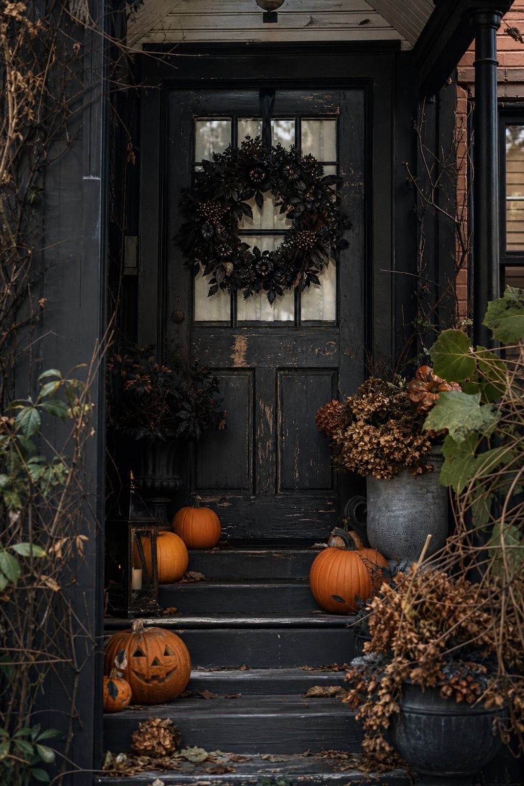 Small porch Halloween decor idea with one strong door wreath in moody natural light