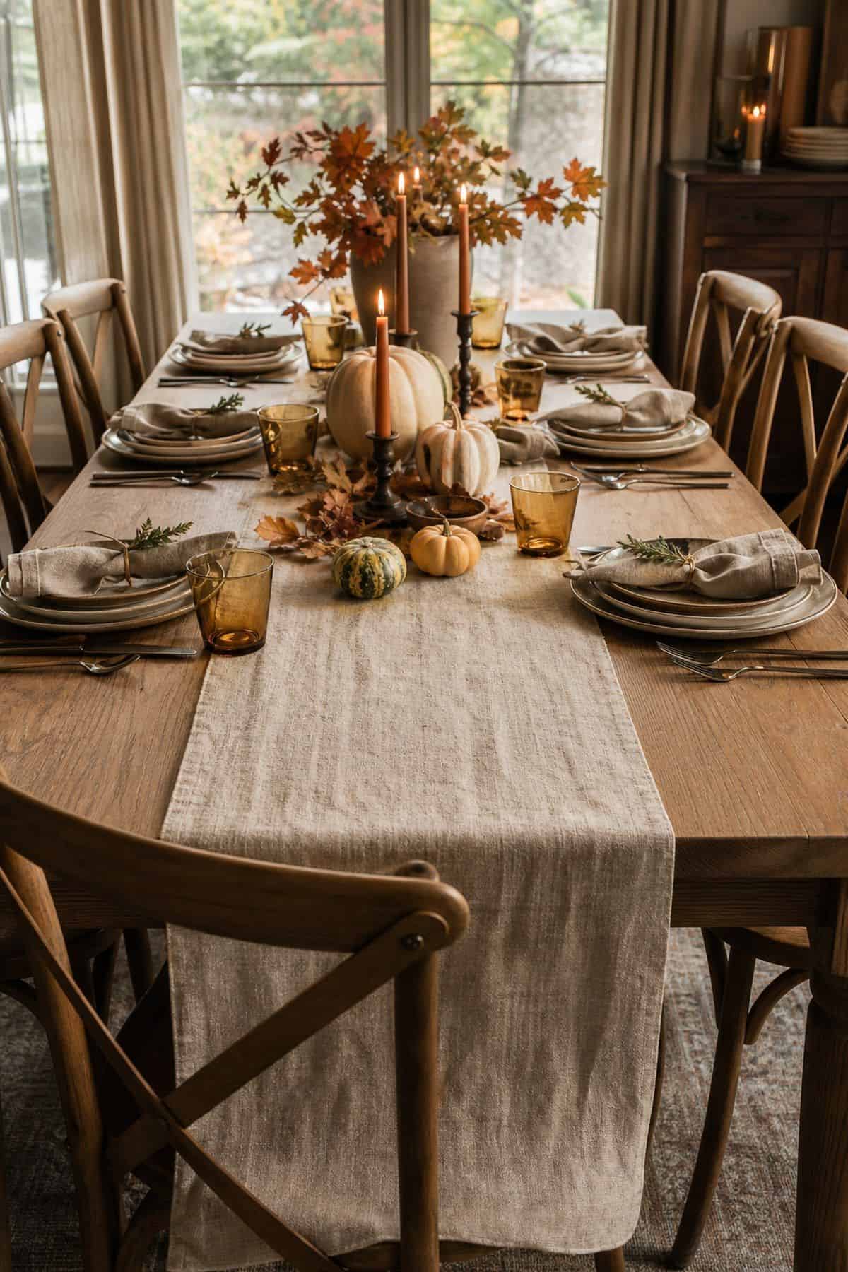 Linen Table Runner shown as a realistic Pretty Wild World image for 20 Thanksgiving Decor Ideas for a Warm Welcoming Home.