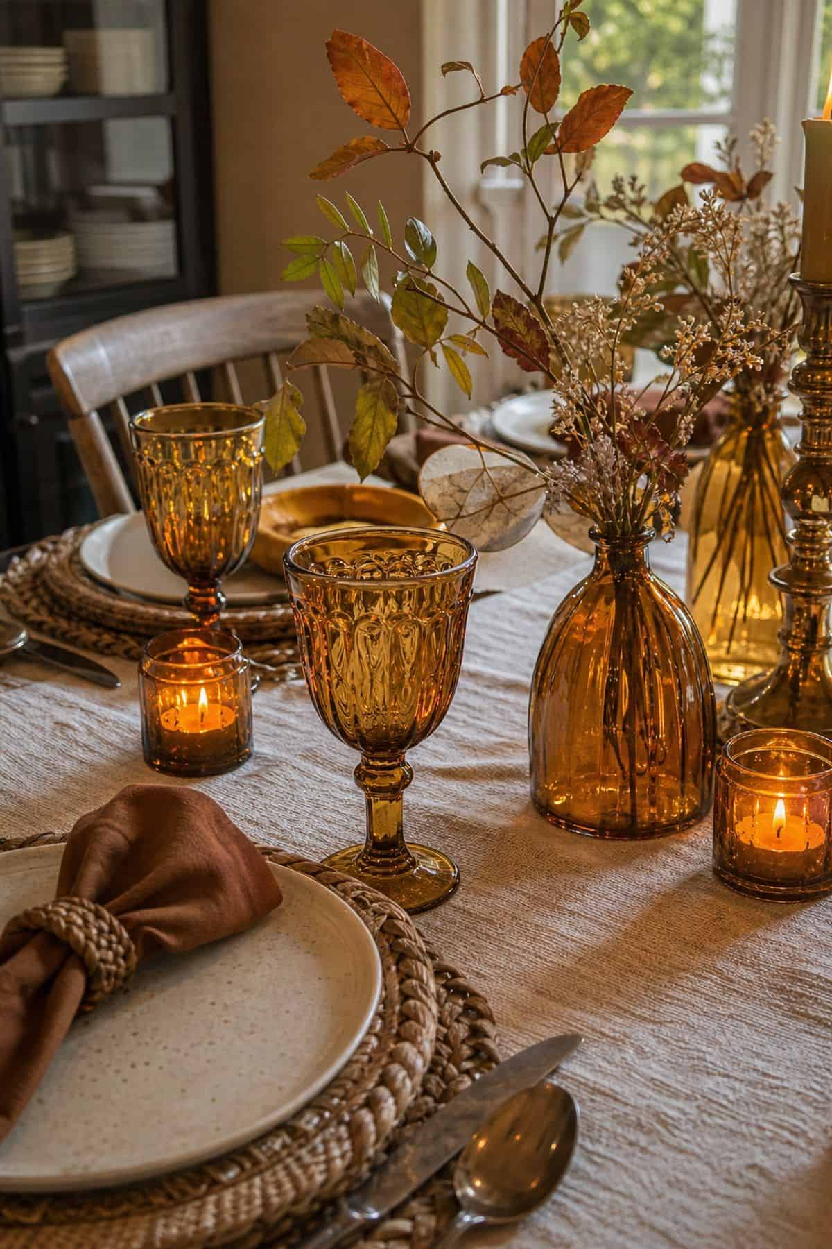 Amber Glass on the Table shown as a realistic Pretty Wild World image for 20 Thanksgiving Decor Ideas for a Warm Welcoming Home.