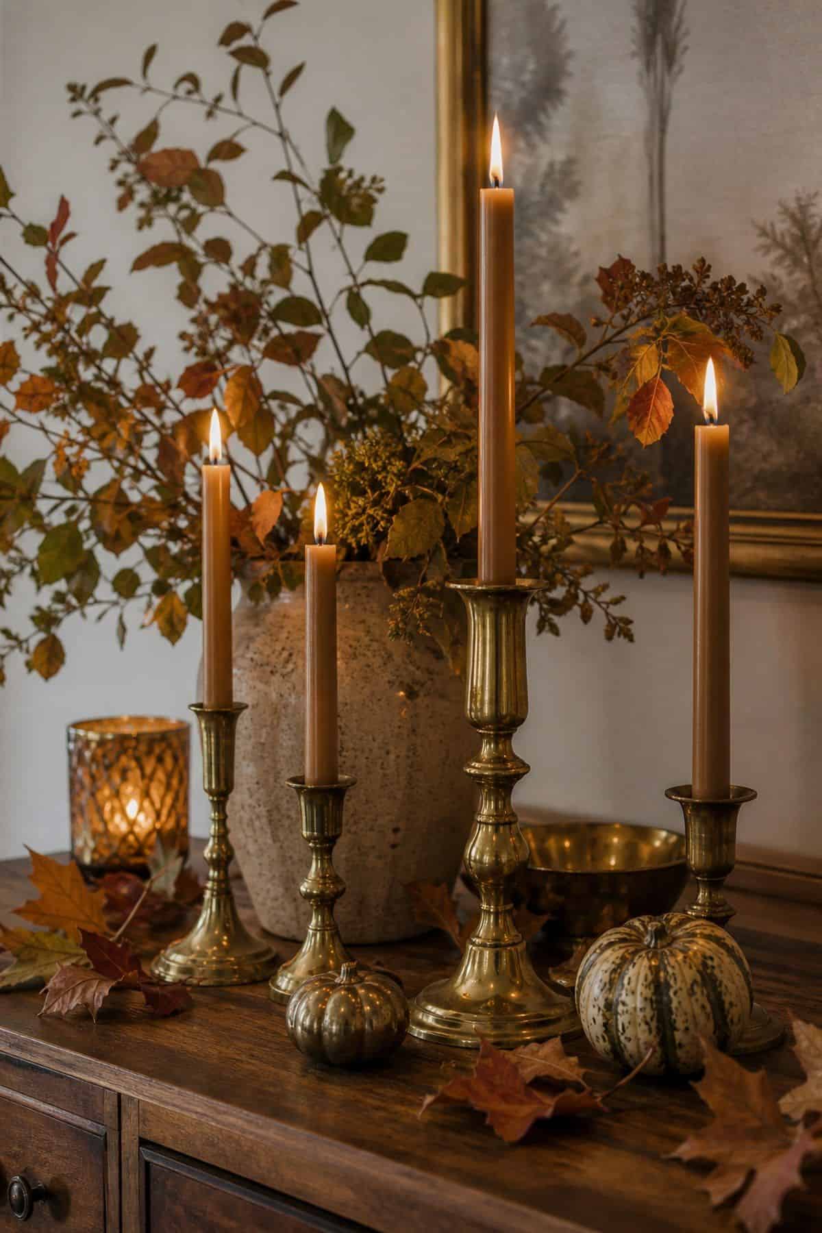 Brass Candlelight shown as a realistic Pretty Wild World image for 20 Thanksgiving Decor Ideas for a Warm Welcoming Home.
