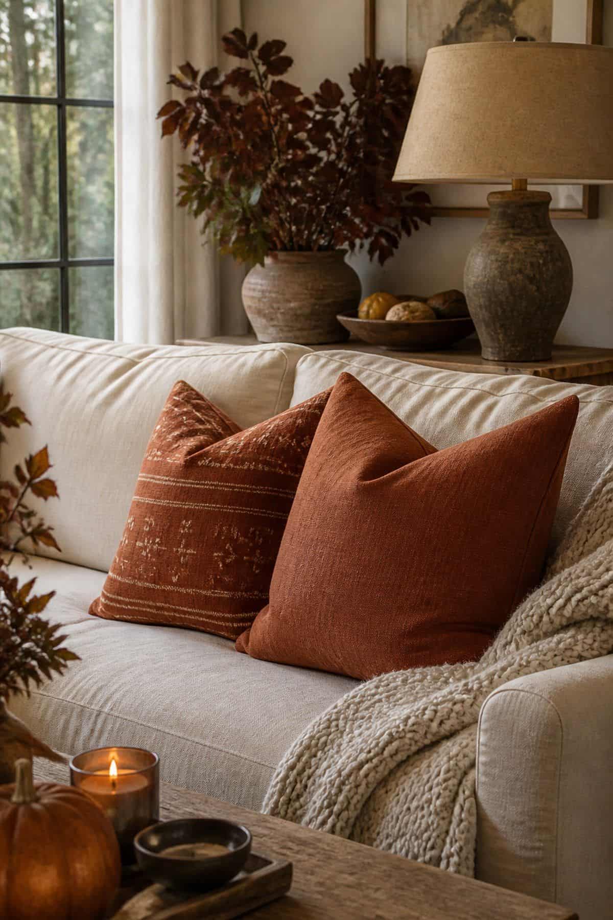 Rust Pillow Covers shown as a realistic Pretty Wild World image for 20 Thanksgiving Decor Ideas for a Warm Welcoming Home.